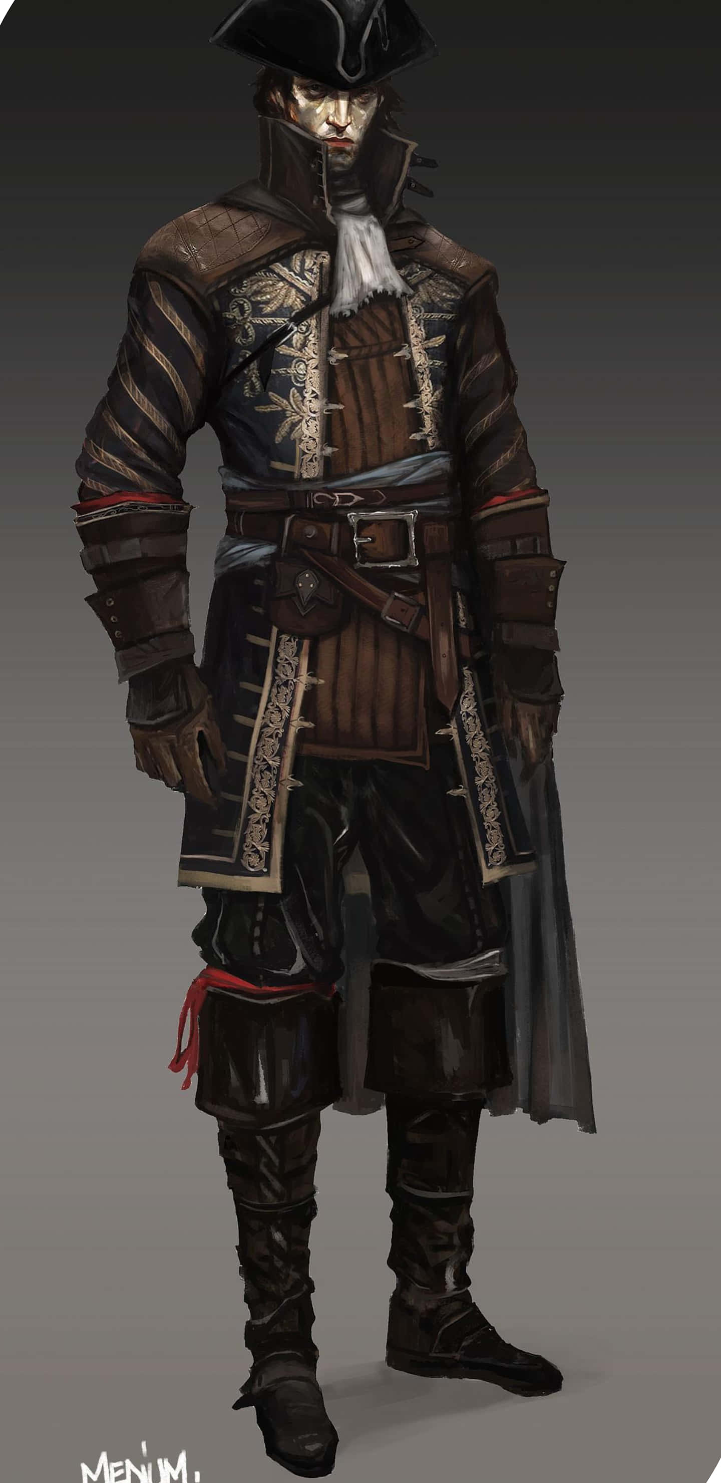 電玩遊戲 桌布 壁紙 — 一個詳細的數位插圖，描繪一位海盜船長穿著華麗的深色外套和三角帽，背景為純灰色。