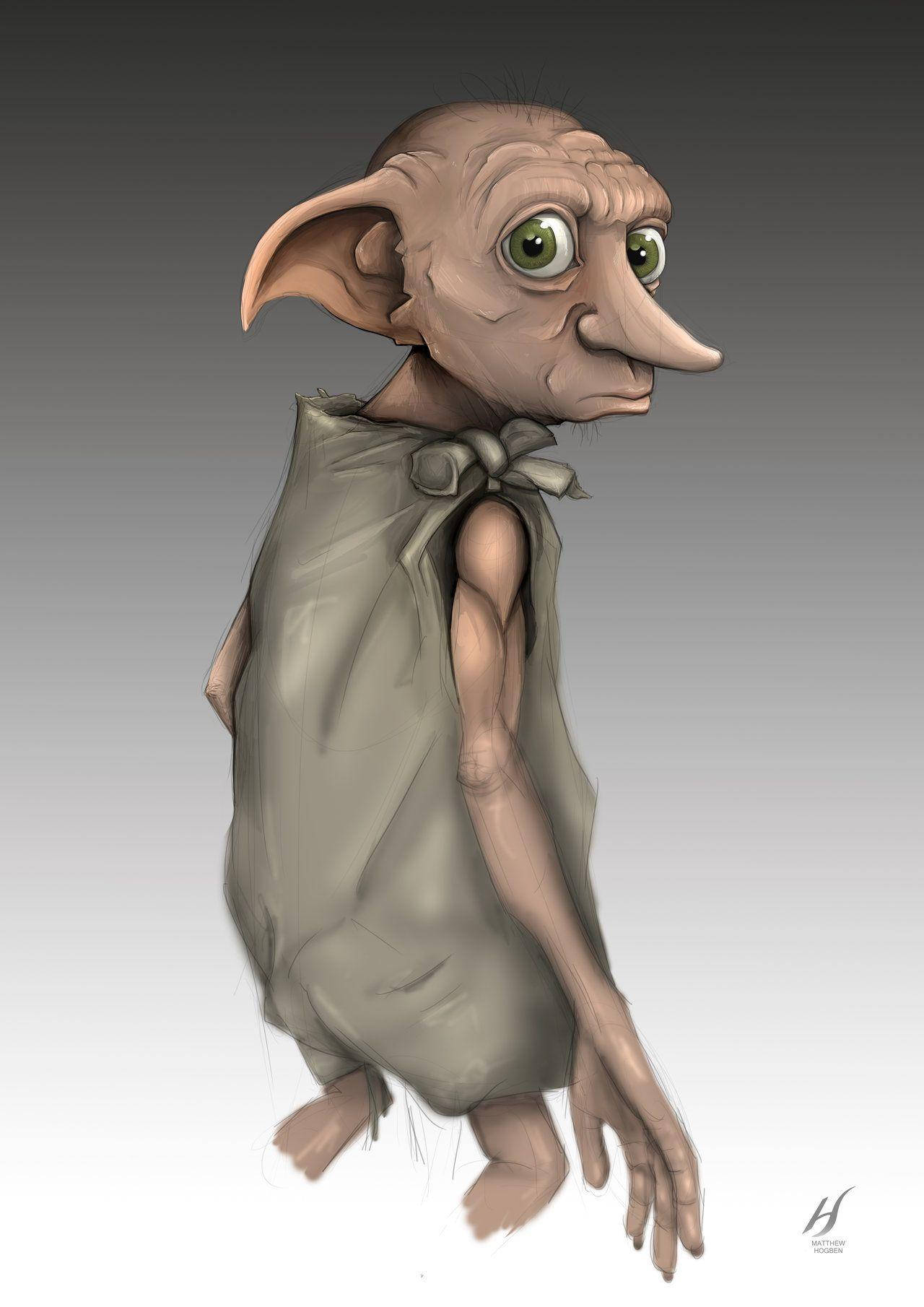 Dobby 桌布 壁紙 — 一個詳細的數位插圖，描繪了一個皮膚蒼白、耳朵大、眼睛綠色的小妖精，穿著破爛的灰色長袍。