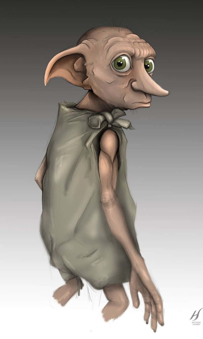 Harry Potter Dobby 桌布 壁紙 — 一個詳細的數位插圖，描繪了一個皮膚蒼白、有著綠色大眼睛和尖耳朵的小妖精，身穿破爛的灰色長袍。