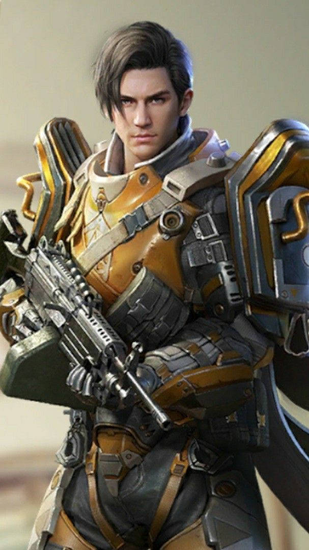 一名身穿未來風格盔甲的男性士兵手持重型武器。