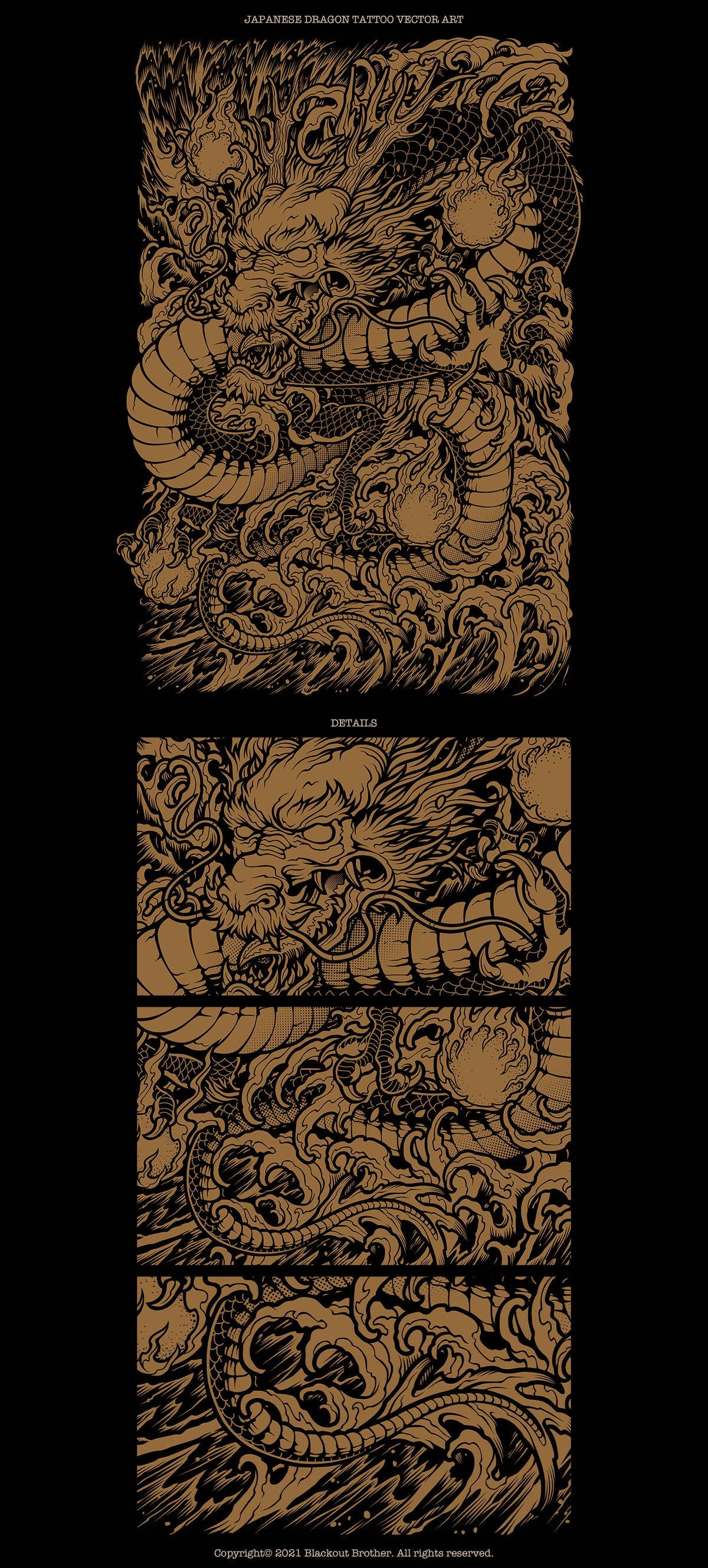 Japanese Dragon Tattoo 桌布 壁紙 — 一個詳細的日本龍紋身設計，以深褐色調呈現，帶有複雜的鱗片和流動的波浪，背景為黑色。