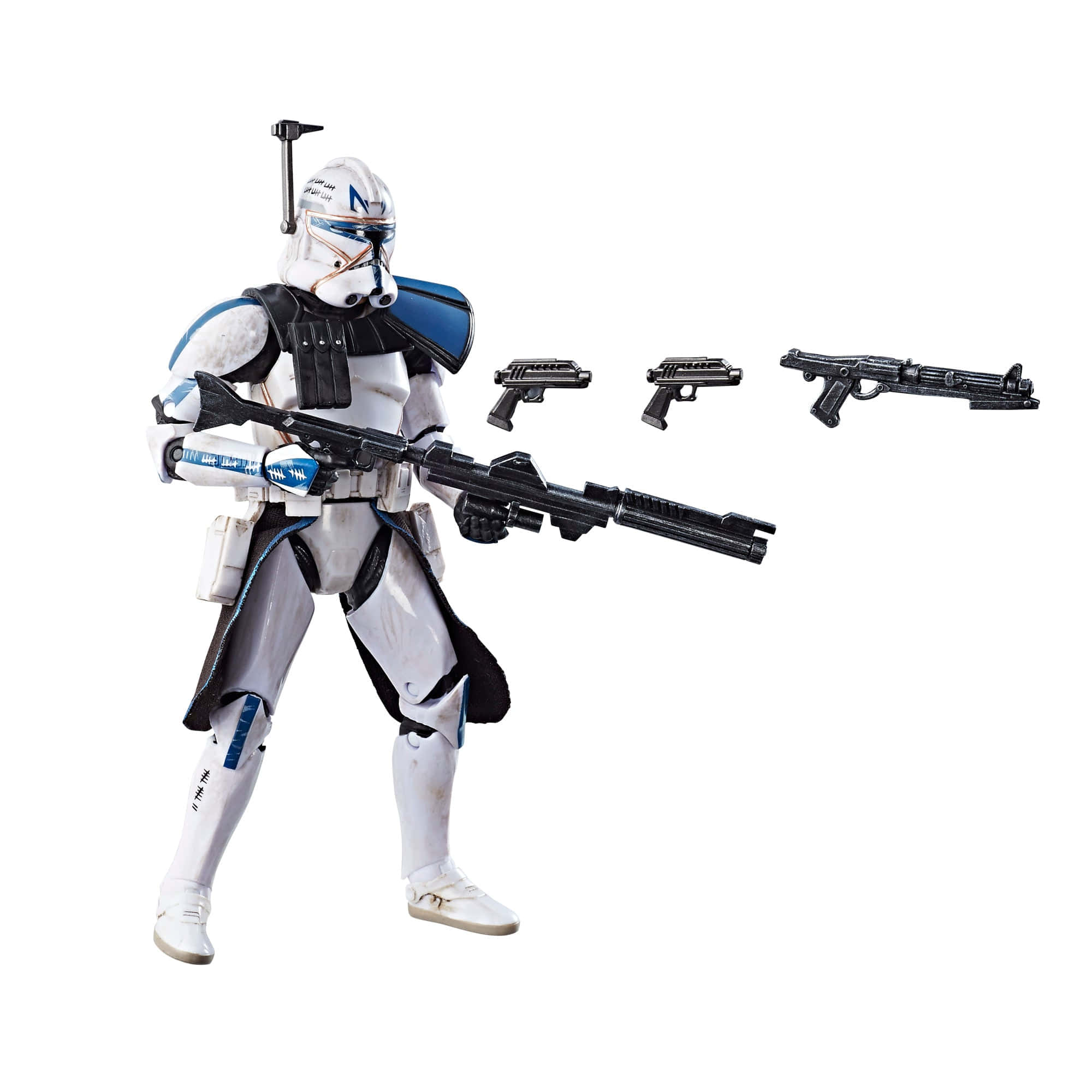 Rifle 桌布 壁紙 — 一個詳細的星際大戰白藍色盔甲複製人士兵可動人偶，手持爆能槍，旁邊漂浮著三件額外武器。