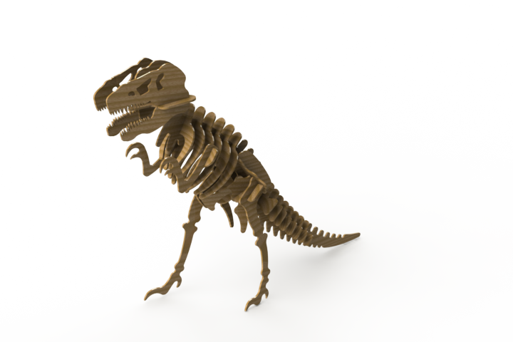 Tyrannosaurus Rex 桌布 壁紙 — 一個詳細的木製3D列印暴龍骨架模型，立在純淺灰色背景前。