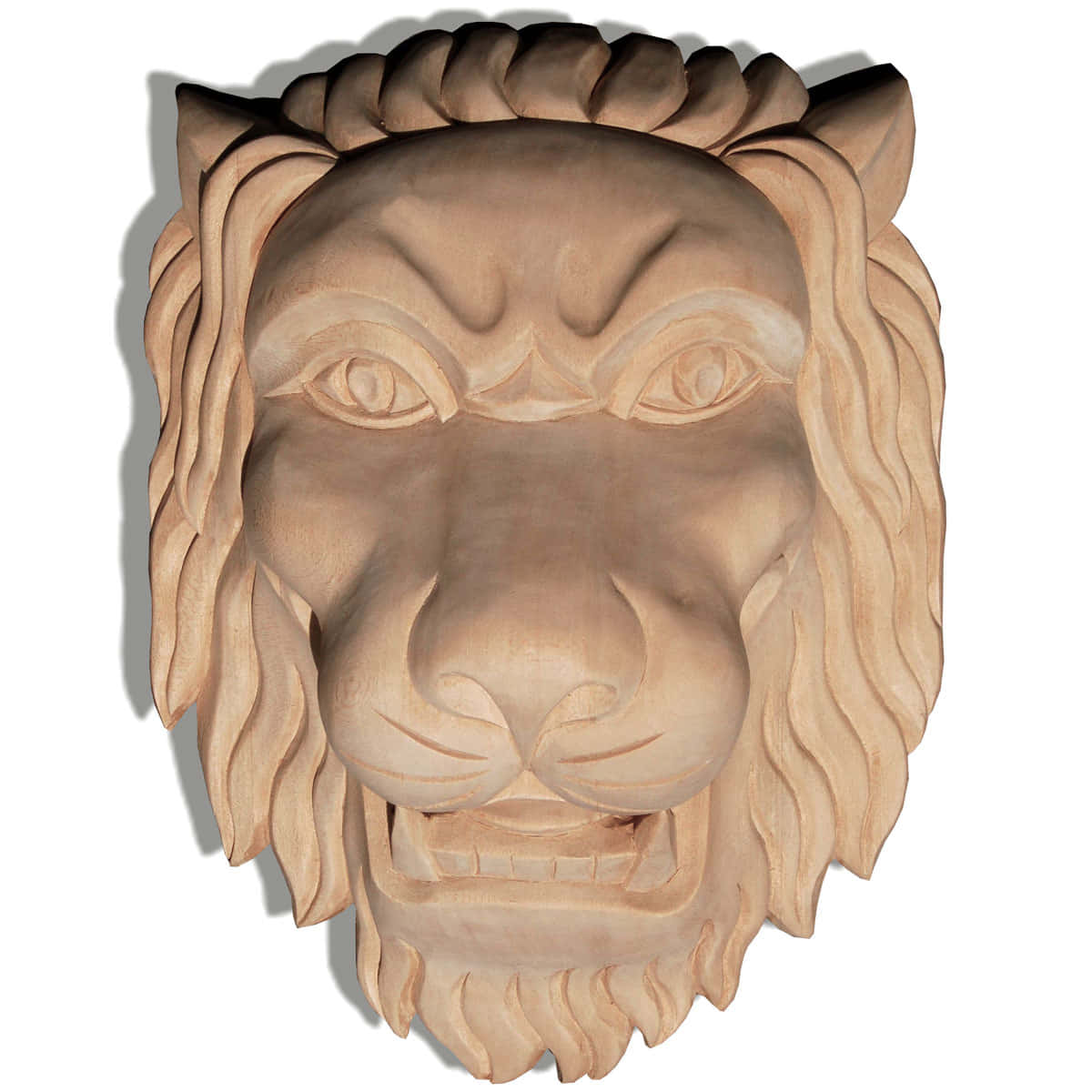Lion Head 桌布 壁紙 — 一個詳細的木雕獅子頭，帶有流動的鬃毛和兇猛的表情，在純白色背景上。
