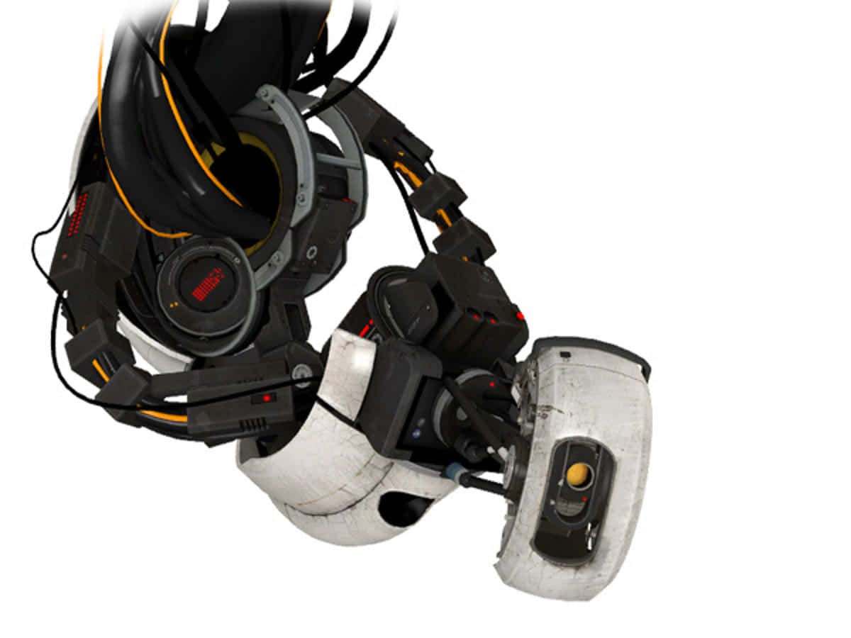 Portal Characters 桌布 壁紙 — 一個詳細的未來主義機械臂，帶有黑色和銀色組件，在白色背景上發出紅色光芒。