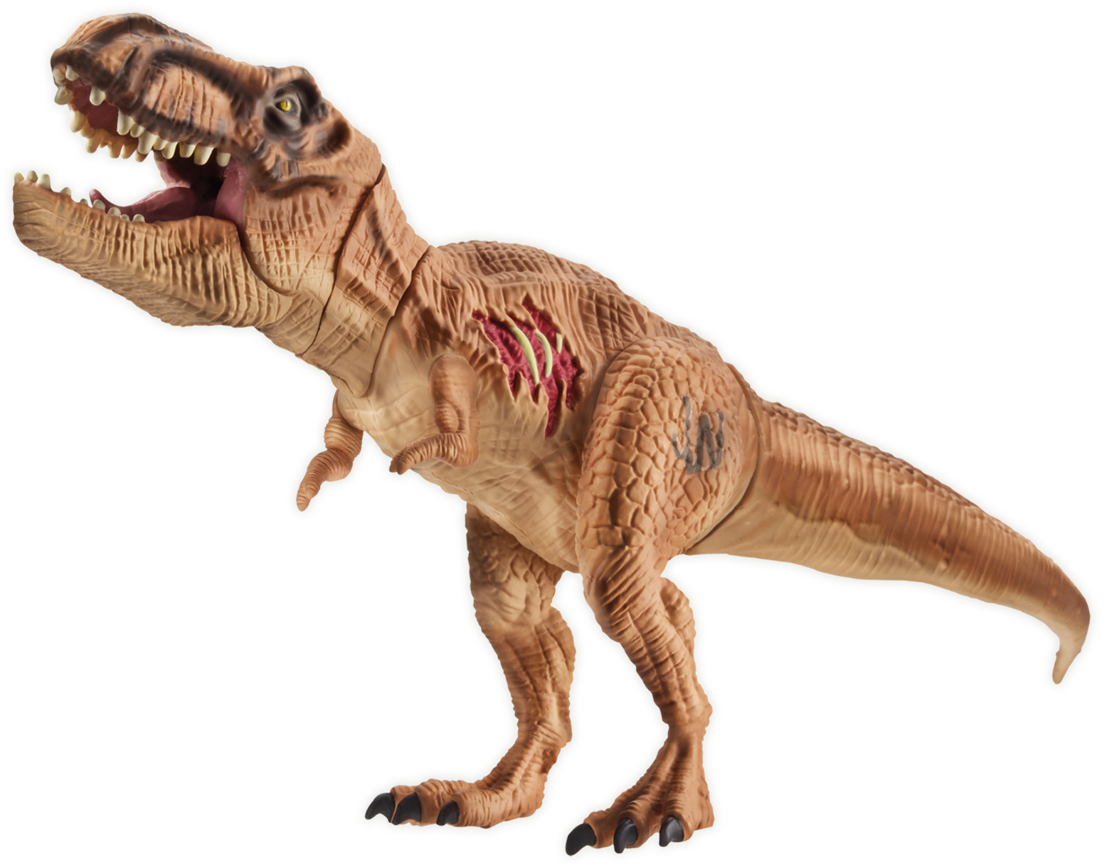 Jurassic World 桌布 壁紙 — 一個詳細的棕色塑膠T-rex玩具，帶有紅色疤痕和黃色眼睛，站在黑色背景前。