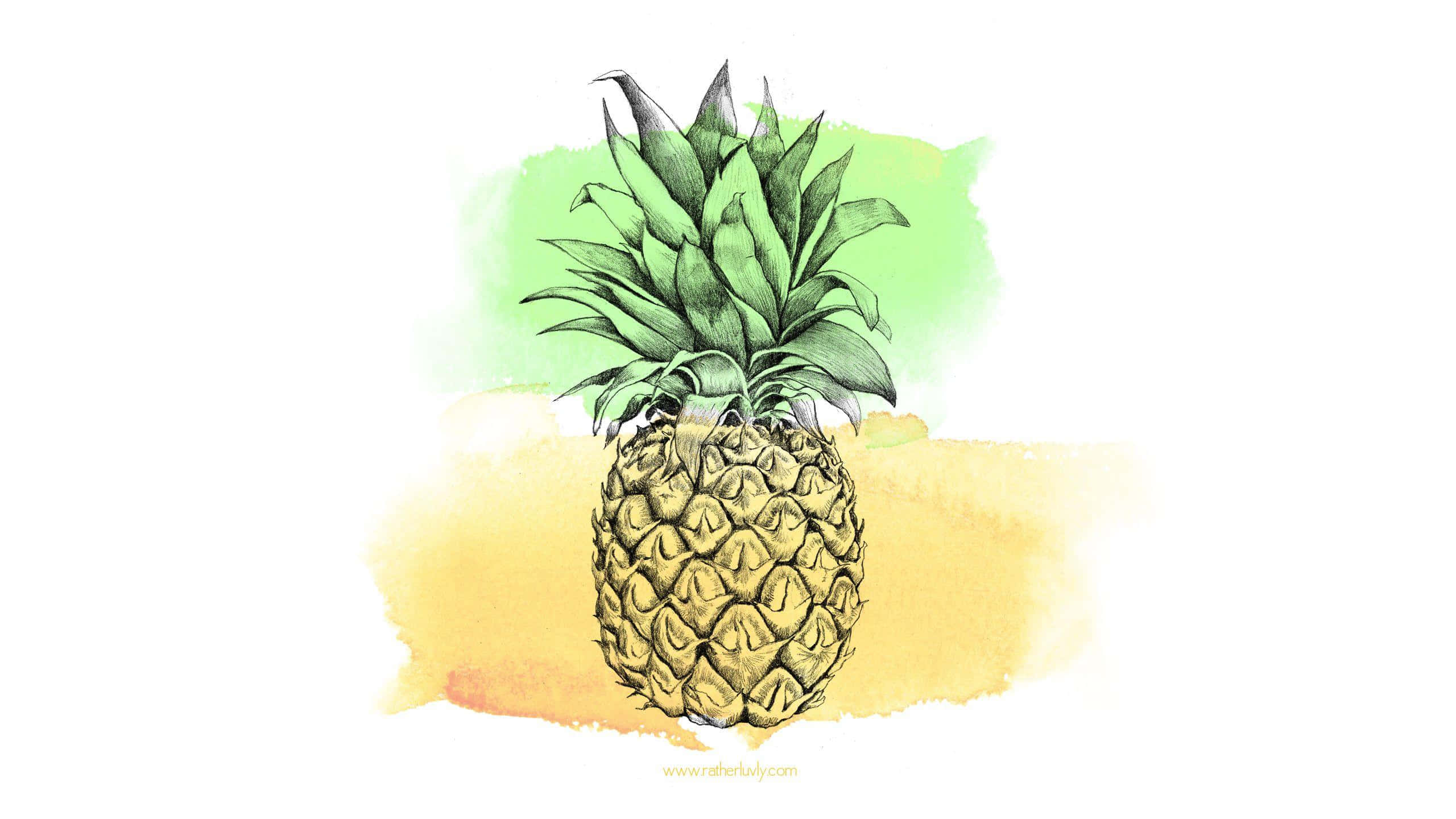 Pineapple Desktop 桌布 壁紙 — 一個詳細的水彩插圖，描繪一個帶有綠色冠和紋理黃色身體的鳳梨，背景是柔和的綠色和黃色水彩洗滌。