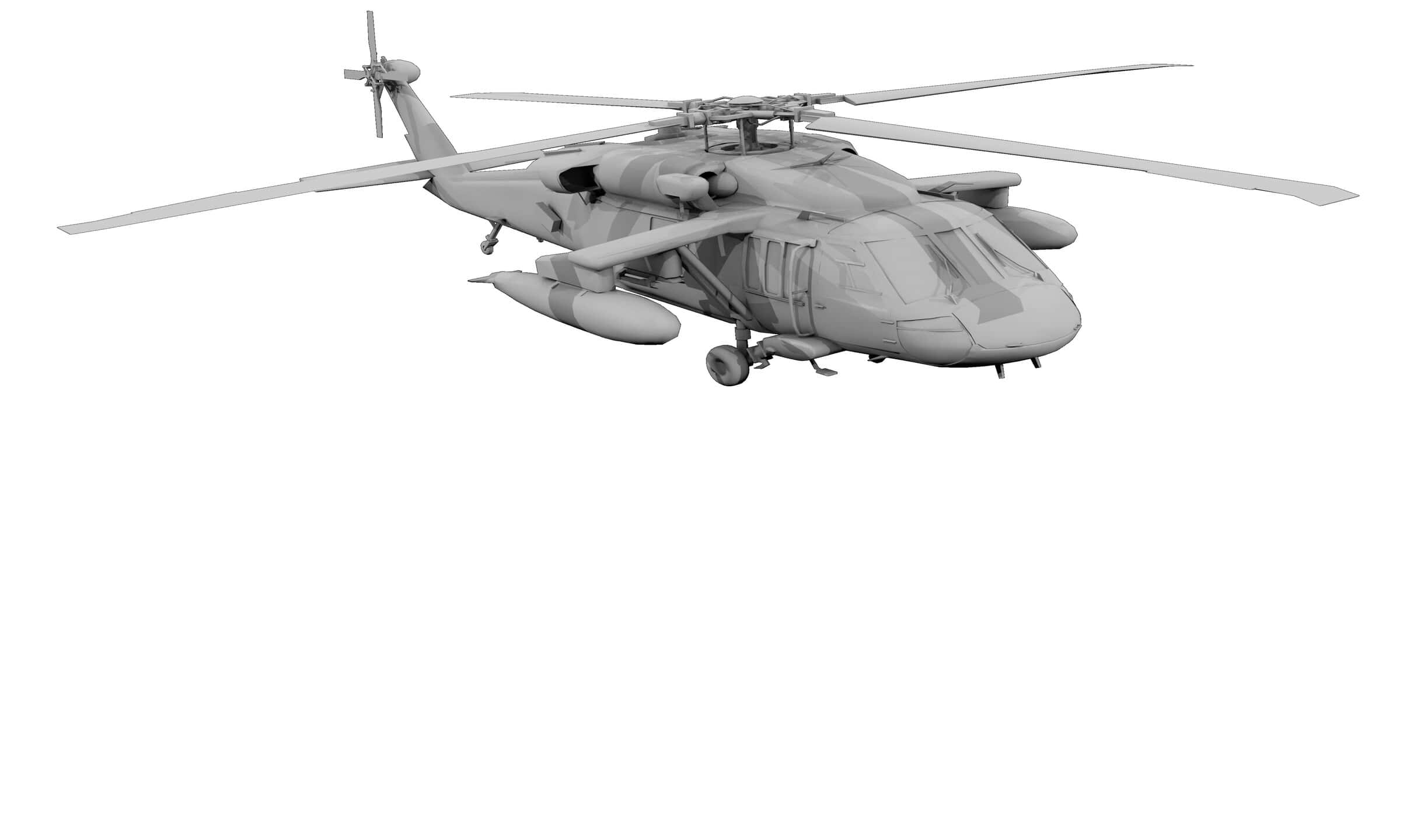 2440x1440 Helicopters 桌布 壁紙 — 一個詳細的灰階3D渲染，展示一架帶有旋翼葉片和外置吊艙的軍用直升機，背景為純白色。