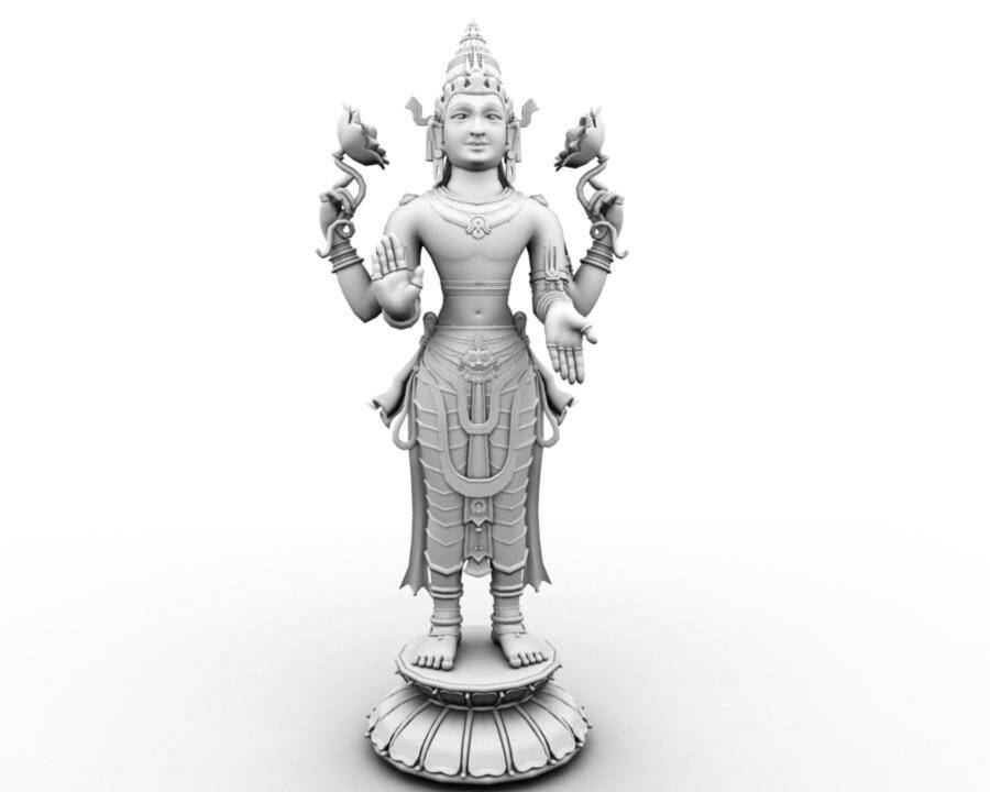 3D 桌布 壁紙 — 一個詳細的灰階3D渲染多臂神祇雕像，站立在蓮花底座上，帶有複雜的盔甲和頭飾。