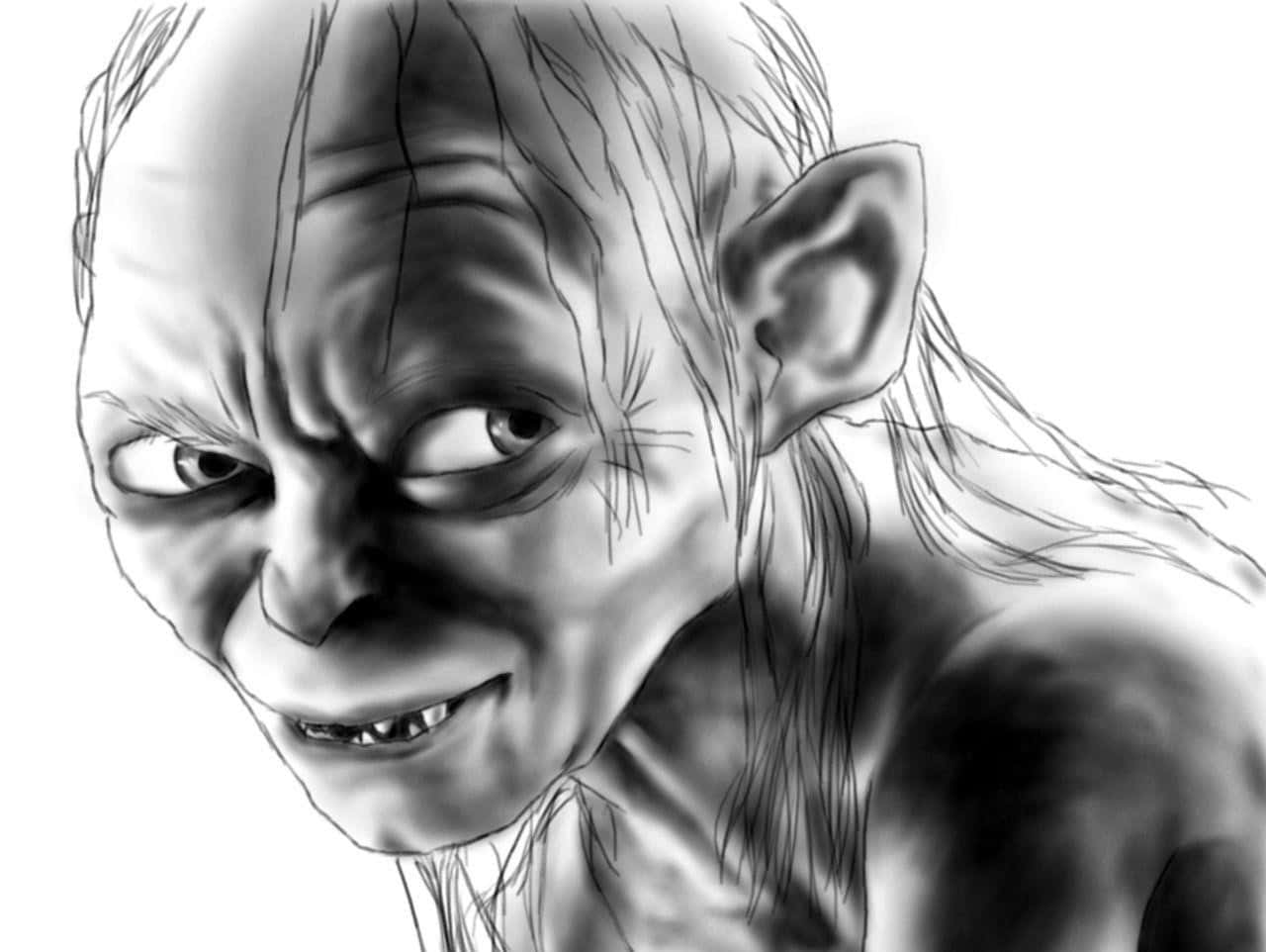 Gollum 桌布 壁紙 — 一個詳細的灰階插圖，描繪一個有著尖耳朵和邪惡笑容的怪誕哥布林。