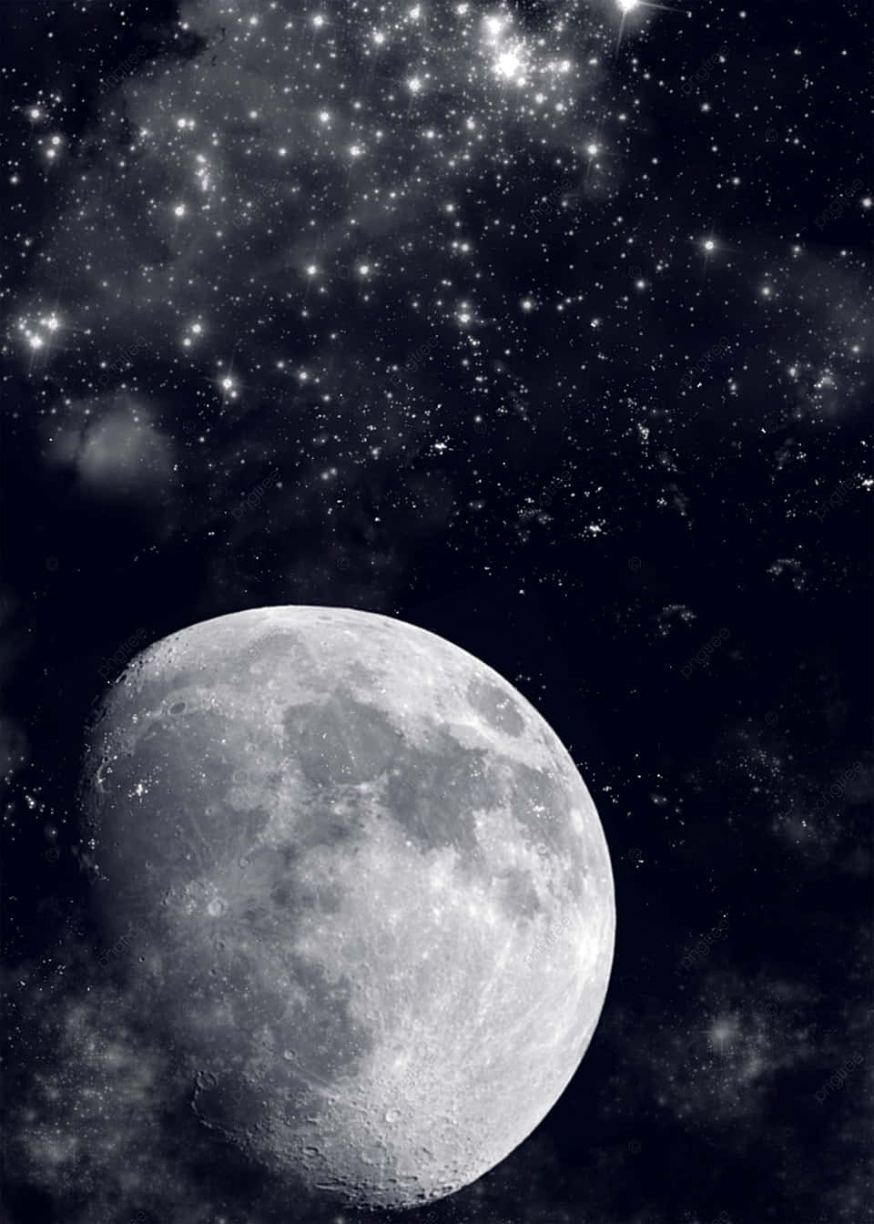 Galaxy Poster 桌布 壁紙 — 一個詳細的灰階月亮主導著星空，有發光的星雲和散佈的宇宙塵埃。