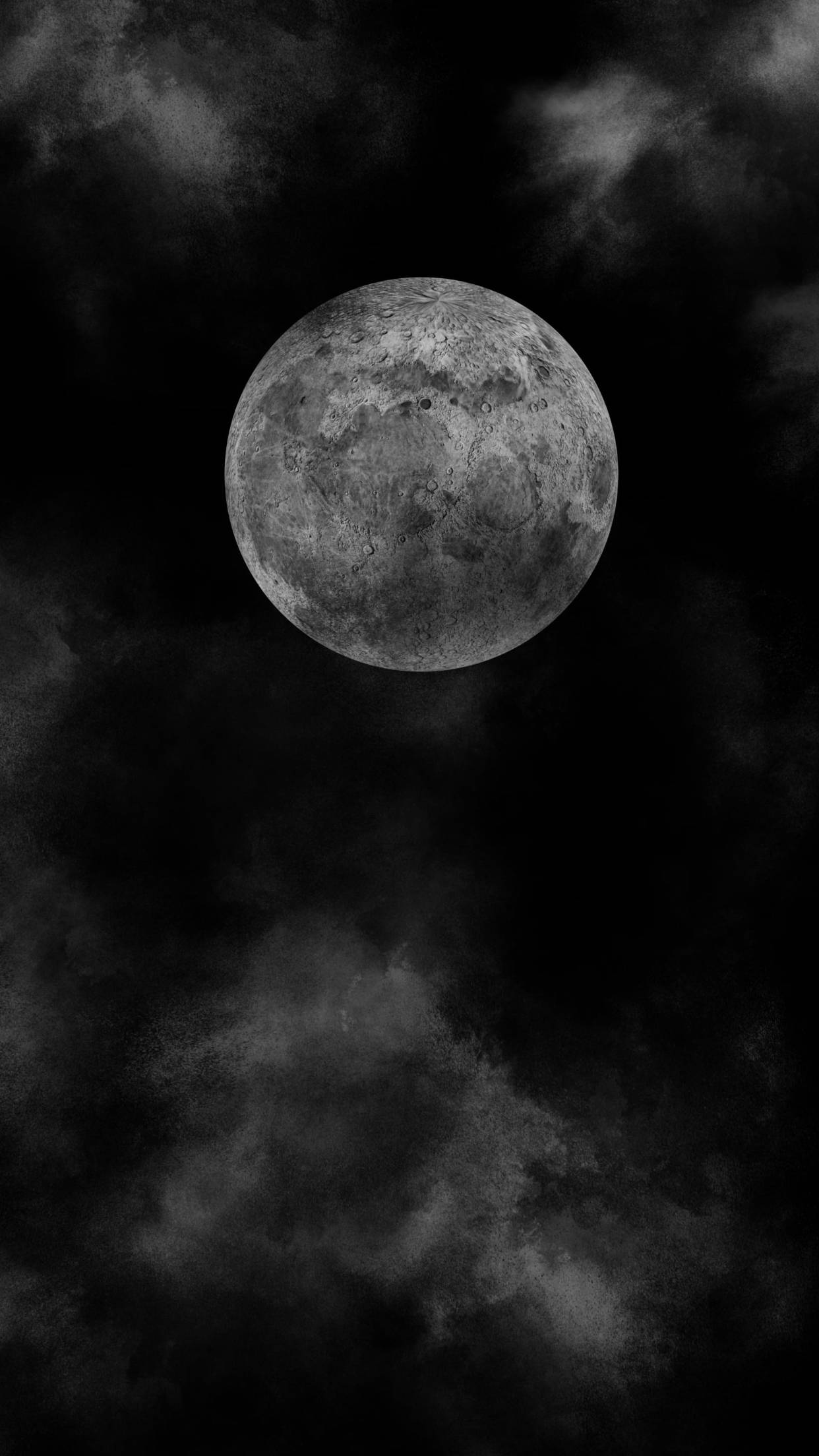 夜空 桌布 壁紙 — 一個詳細的灰階月亮懸掛在戲劇性的多雲夜空，帶有深邃陰影和柔和的高光。