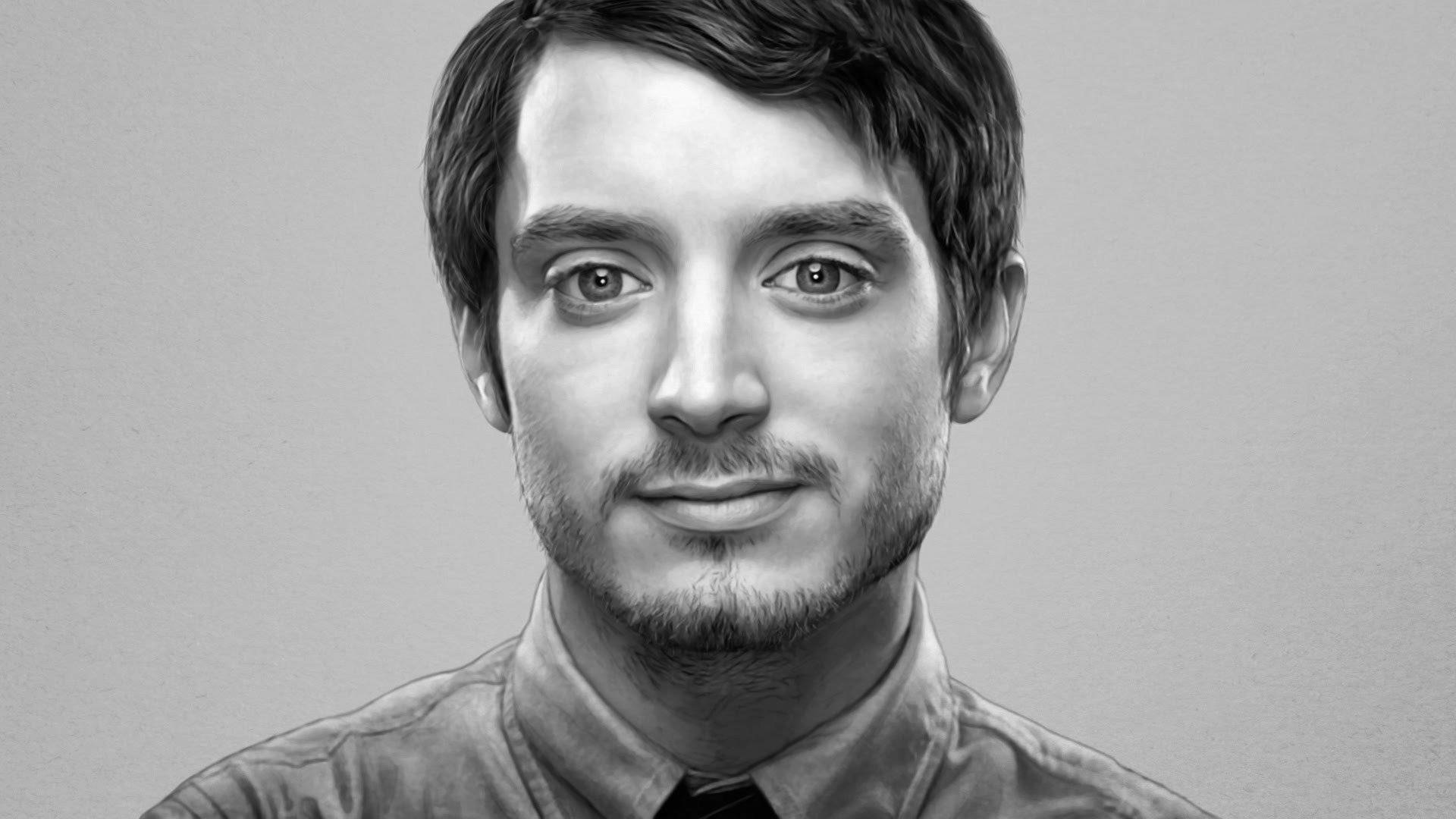 Celebrity 桌布 壁紙 — 一個詳細的灰階肖像，描繪一位短黑髮、留著淺鬍鬚、穿著有領襯衫和領帶的男子，背景為素色。