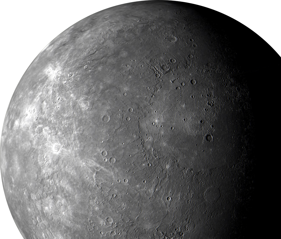 Mercury 桌布 壁紙 — 一個詳細的灰階視圖，顯示水星佈滿隕石坑的表面，在黑色太空虛空背景下被陽光照射。