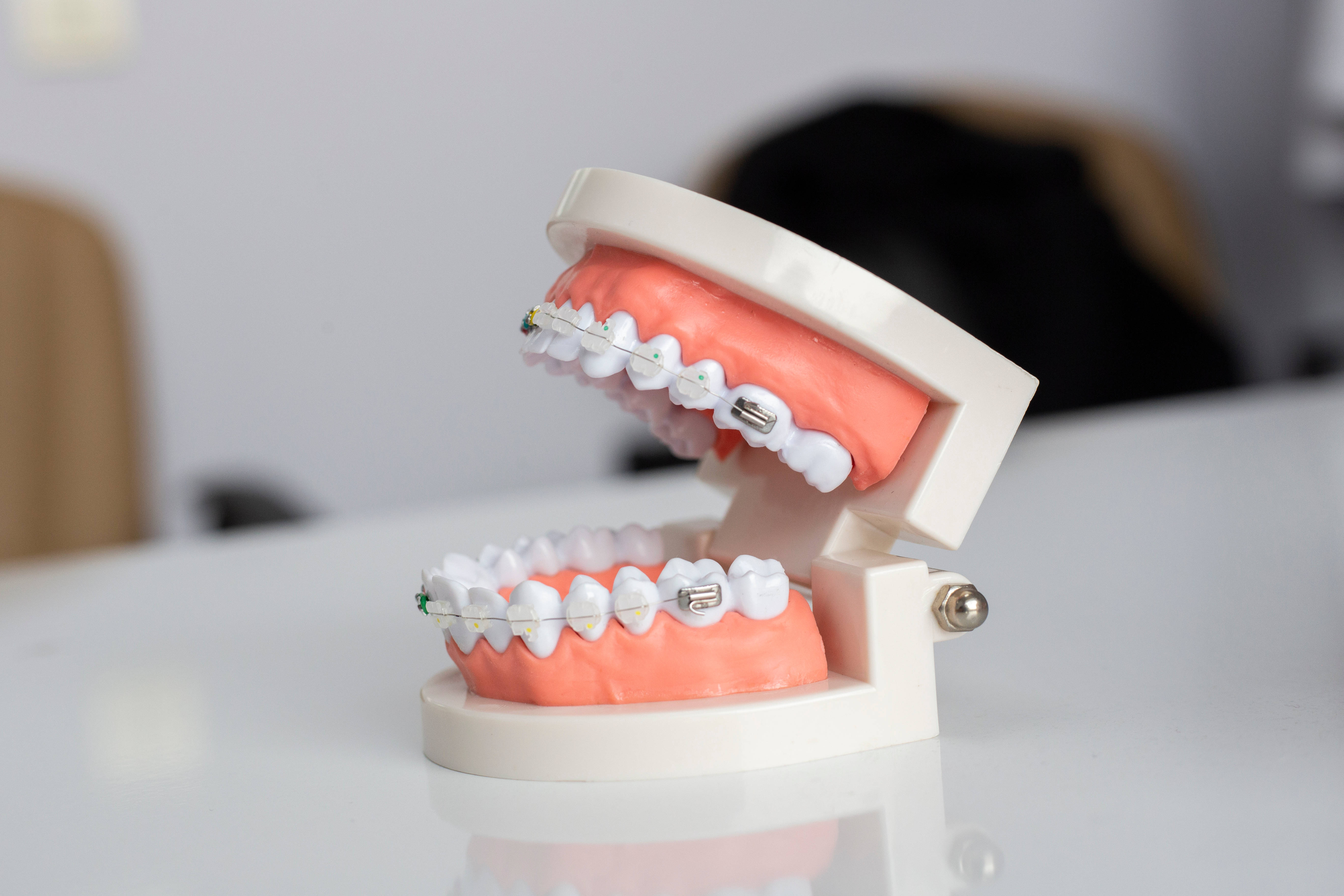 Dentistry 桌布 壁紙 — 一個詳細的牙科模型，在柔和的燈光下，白色反光表面上打開牙套。