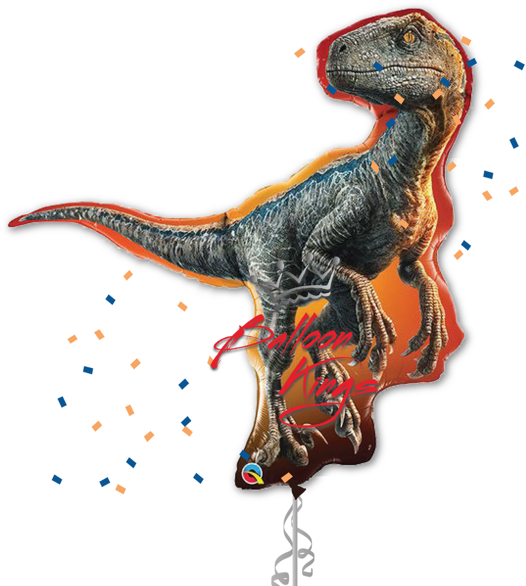 Jurassic World 桌布 壁紙 — 一個詳細的箔氣球，形狀像咆哮的迅猛龍，帶有橙色邊飾，藍色和金色的五彩紙屑漂浮在周圍。