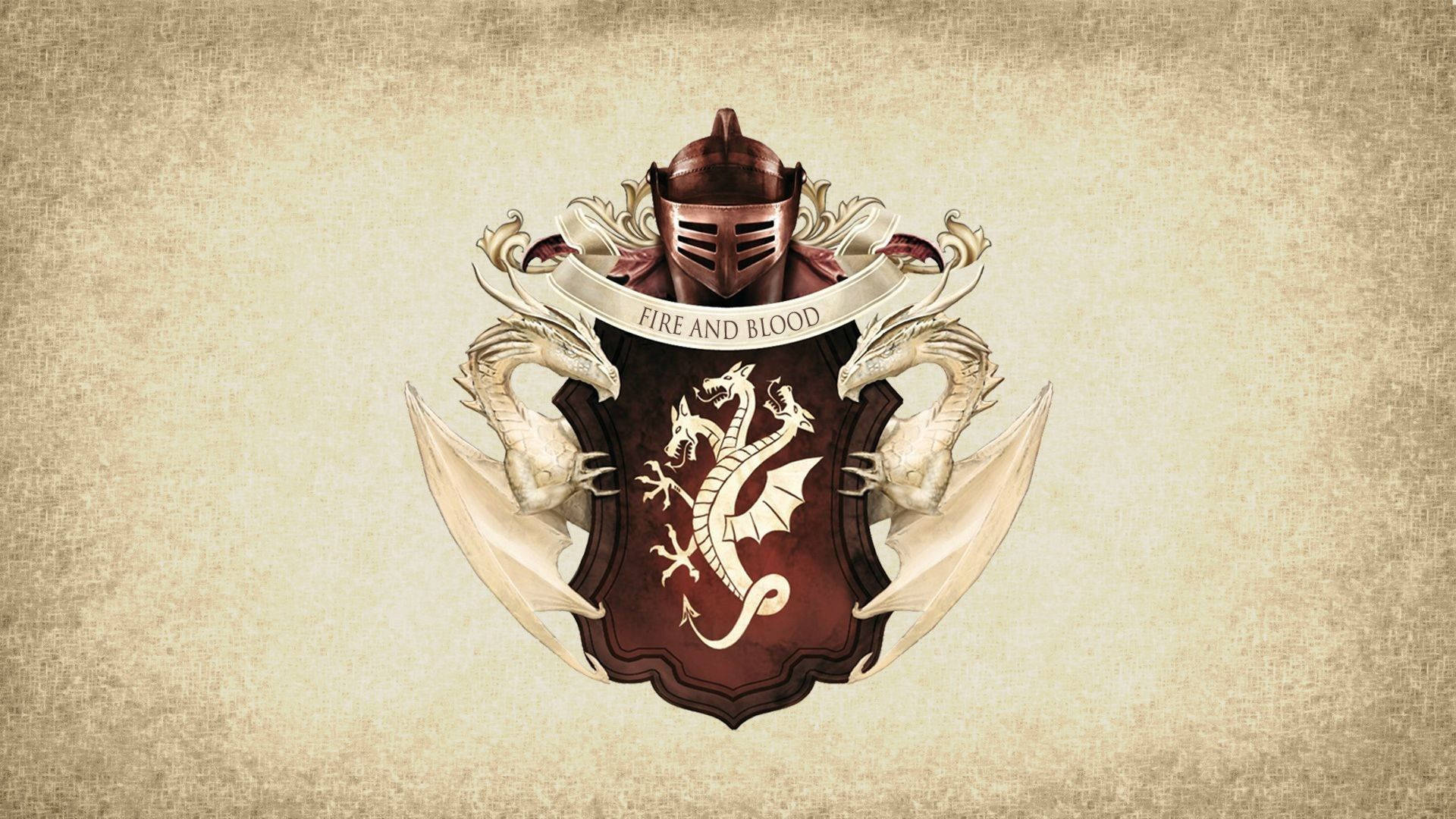 坦格利安家族 桌布 壁紙 — 一個詳細的紋章，紅色盾牌上有一條銀色三頭龍，兩側有兩條龍，頂部有一個頭盔，上面刻有座右銘「火與血」。