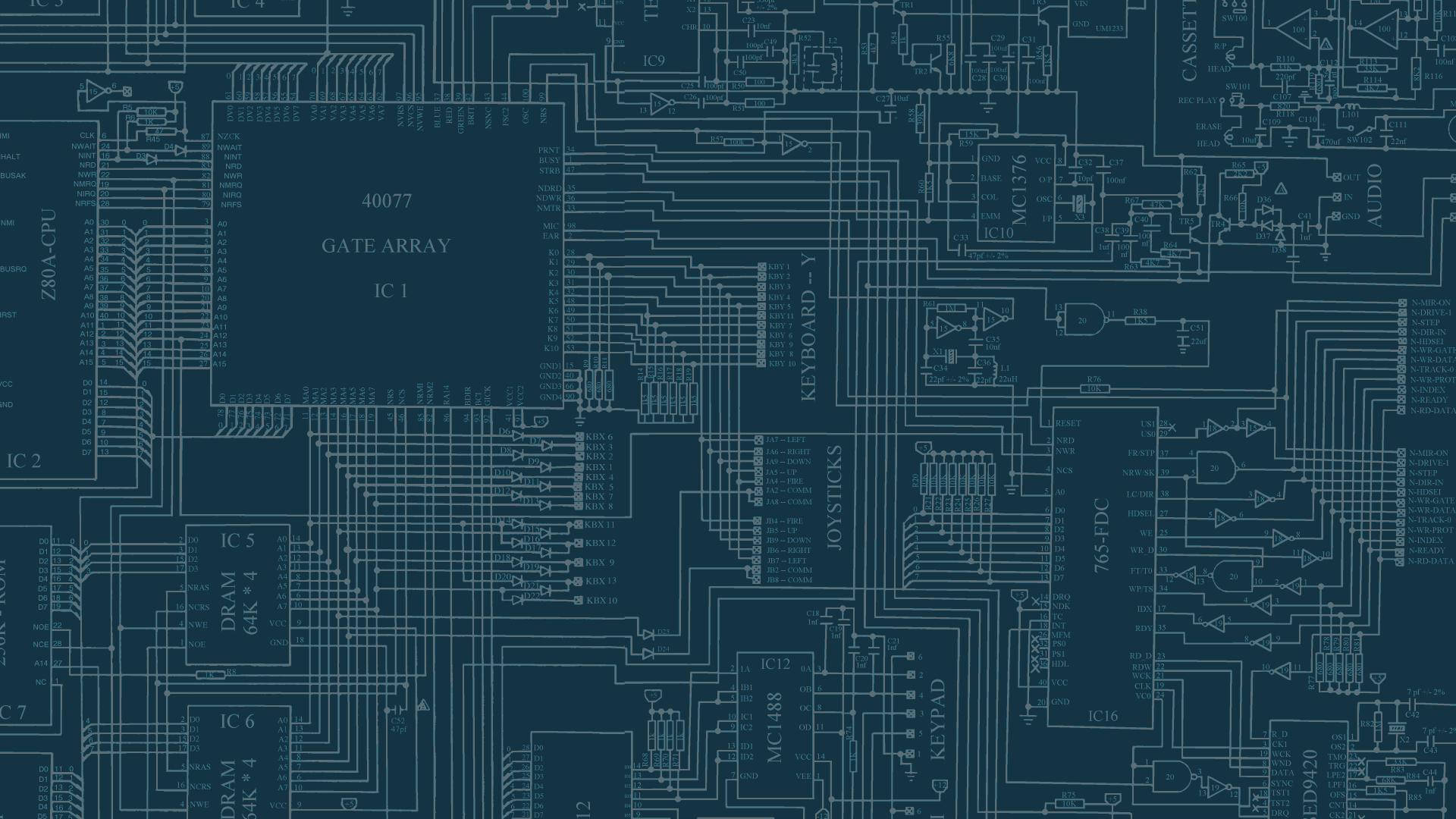 Circuit 桌布 壁紙 — 一個詳細的藍圖風格示意圖，展示帶有標籤組件和複雜佈線的電腦電路板，背景為深藍色。