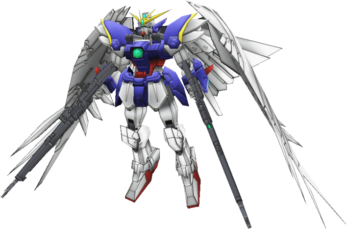 機動戰士鋼彈 桌布 壁紙 — 一個詳細的藍白紅機動戰士，帶有大型銀色翅膀和兩支步槍，站在黑色背景前。