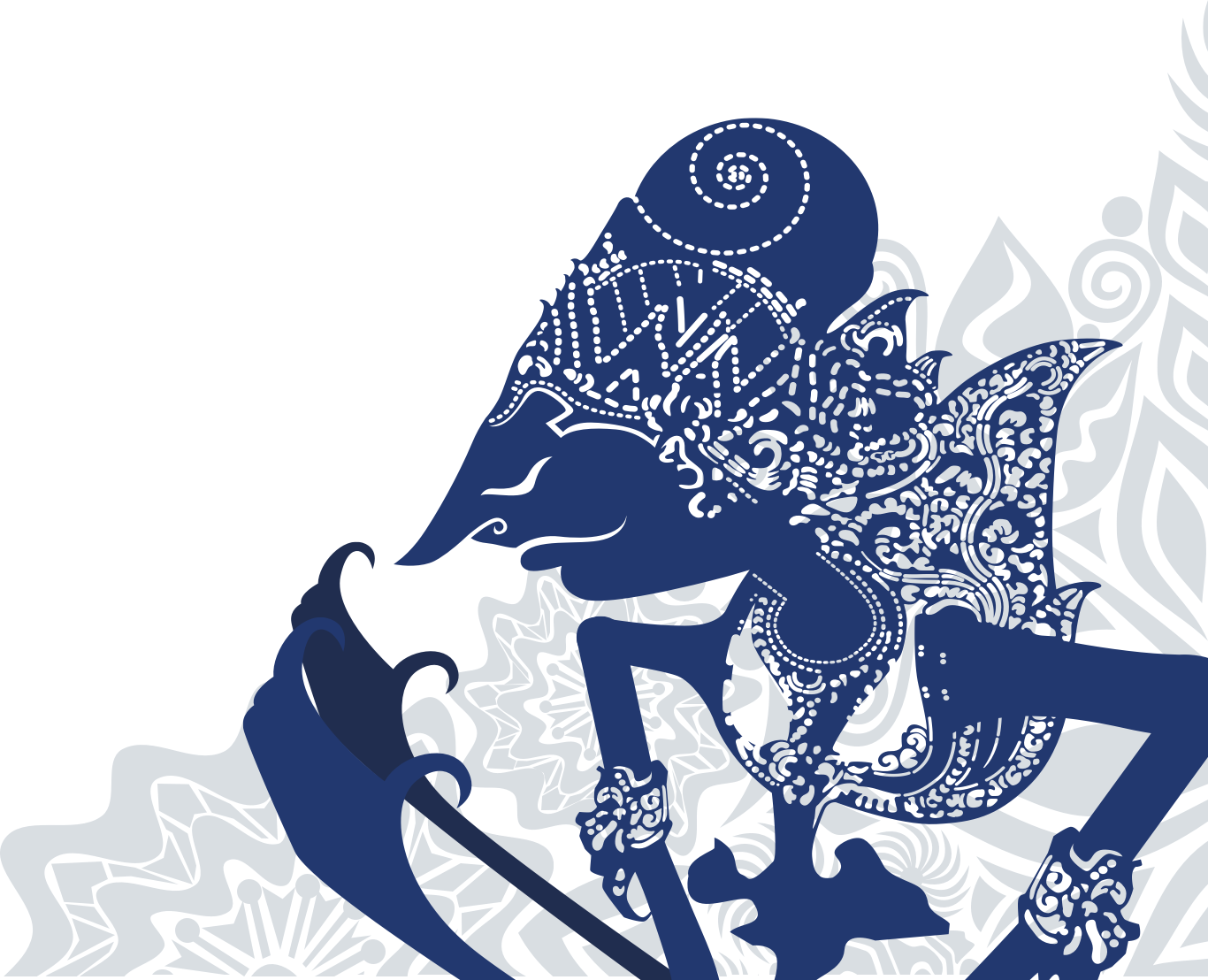 Clip Art 桌布 壁紙 — 一個詳細的藍色剪影，傳統印尼哇揚皮影戲偶，帶有華麗圖案，背景為黑色。