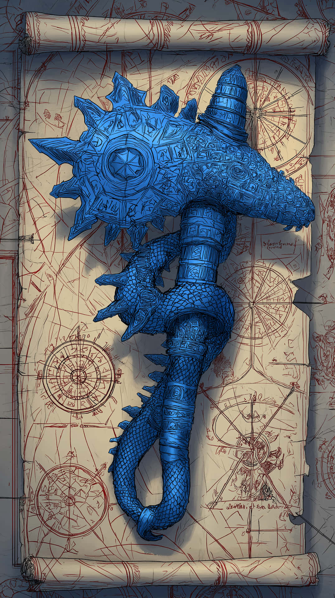Intricate Fantasy Hammer on Mystic Scroll, Spellbound Object 壁紙 — 一個詳細的藍色尖刺狼牙棒，帶有龍狀尾巴，擱在一張帶有紅色指南針玫瑰和褪色草圖的舊羊皮紙地圖上。