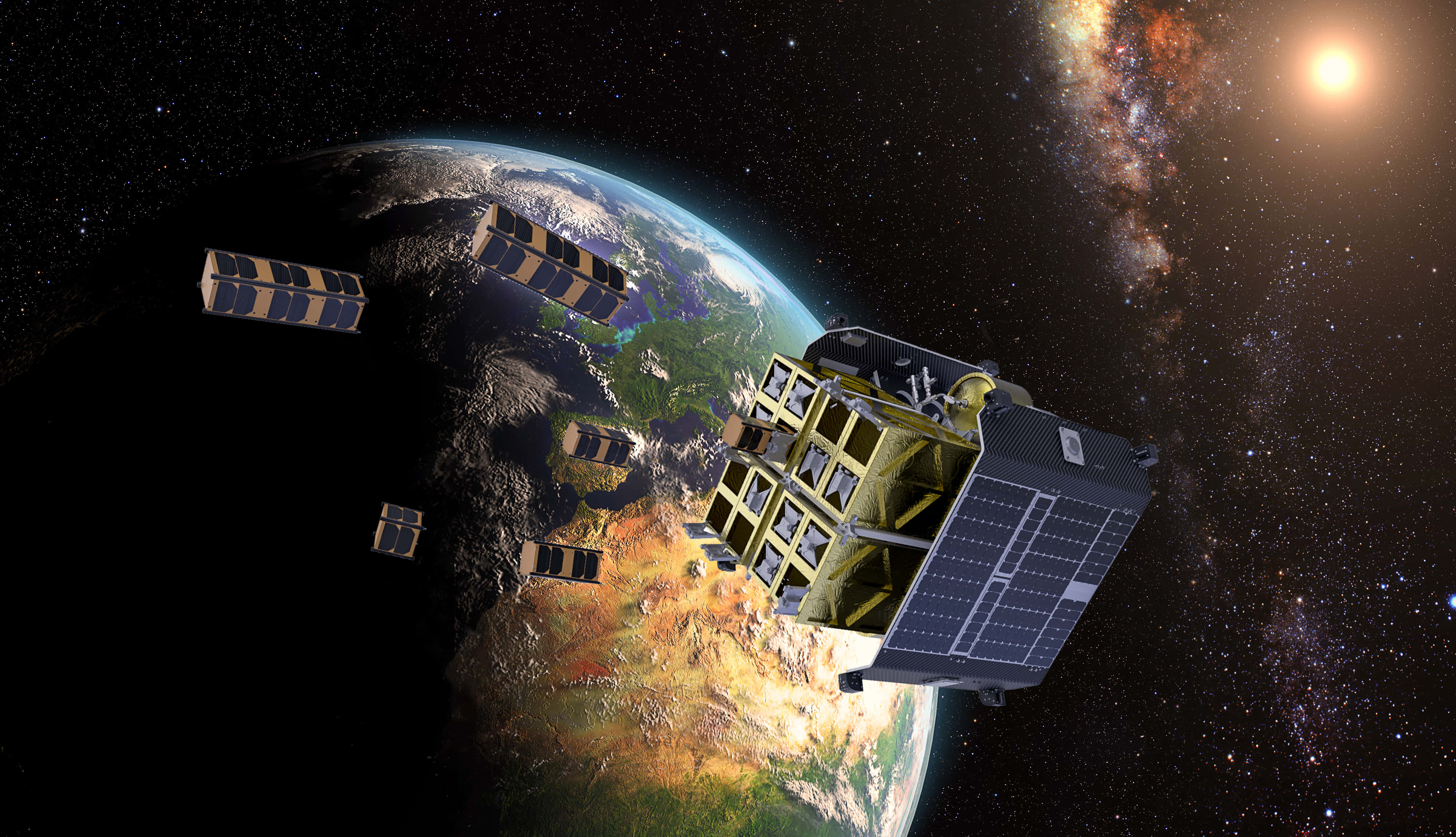 Space Satellite 桌布 壁紙 — 一個詳細的衛星在星空背景下繞地球運行，銀河系和太陽明亮地閃耀。