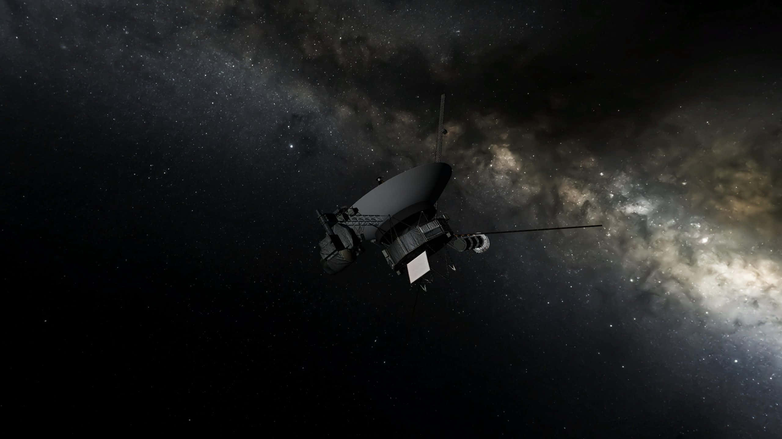 太空 桌布 壁紙 — 一個詳細的衛星在繁星點點的宇宙中飄浮，銀河系在它背後發光。