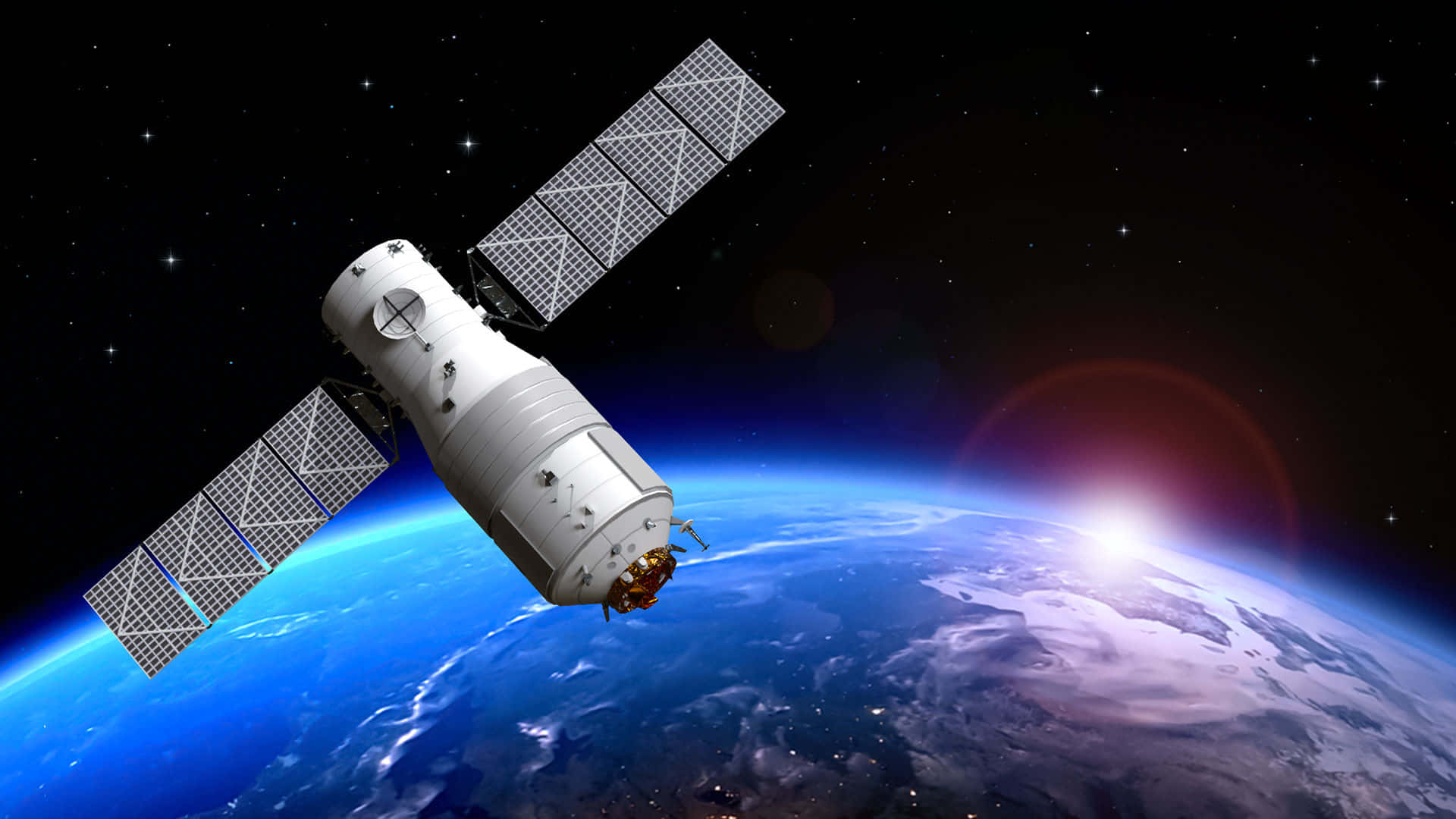 Space Satellite 桌布 壁紙 — 一個詳細的衛星在繁星點點的黑夜天空中繞地球運行，行星地平線上有發光的日出。