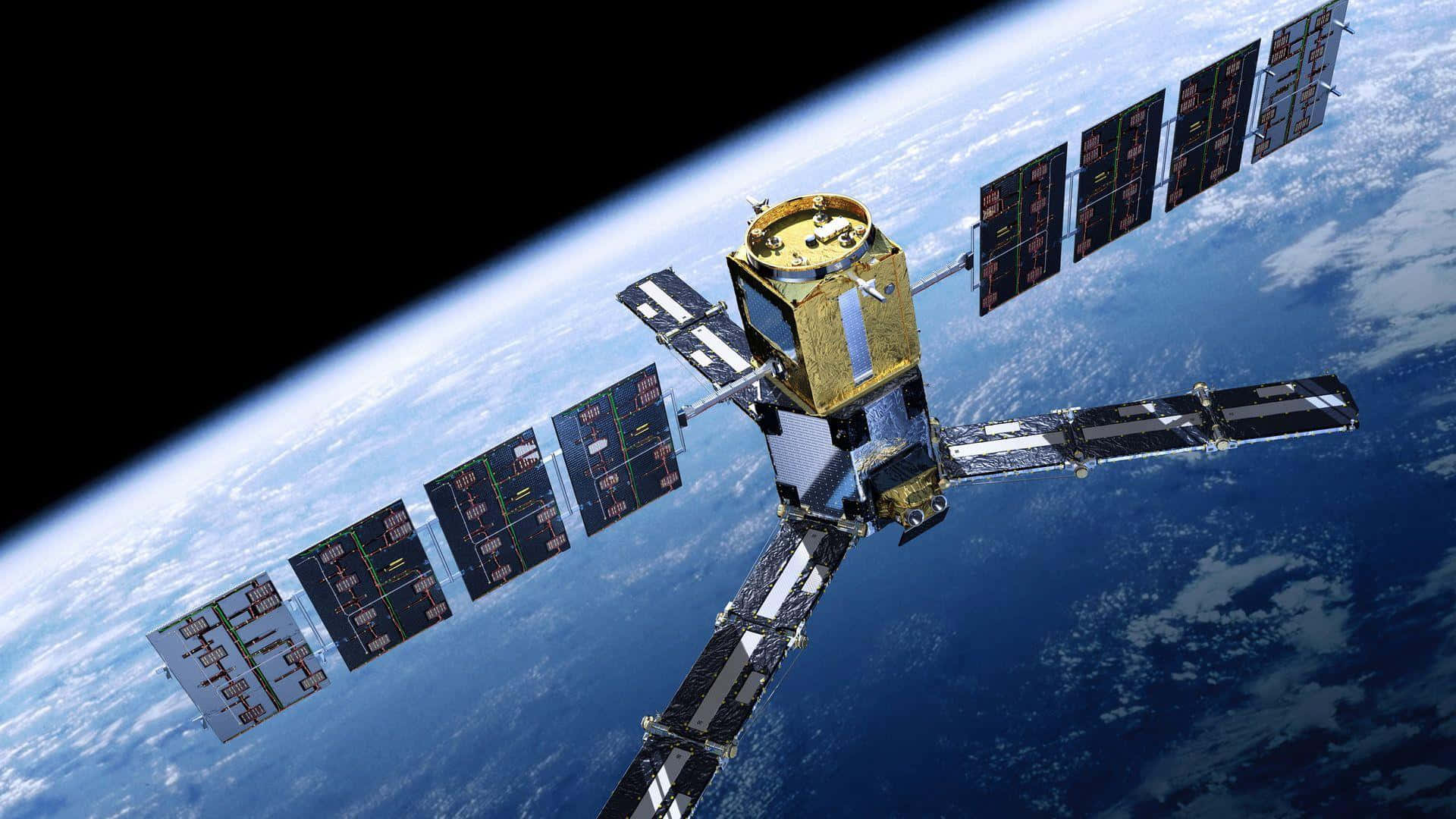 Satellite 桌布 壁紙 — 一個詳細的衛星帶有太陽能板，在太空的黑暗中繞地球運行。