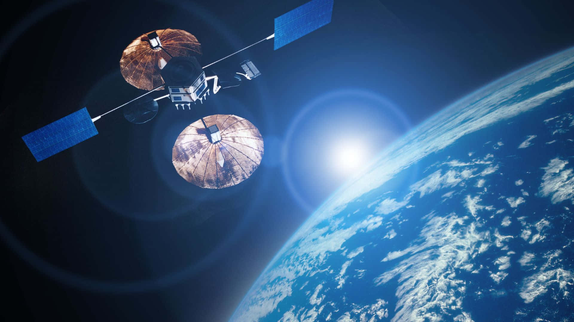 Live Space 桌布 壁紙 — 一個詳細的衛星帶有太陽能板，在星空背景下環繞地球，太陽投射出明亮的鏡頭眩光。