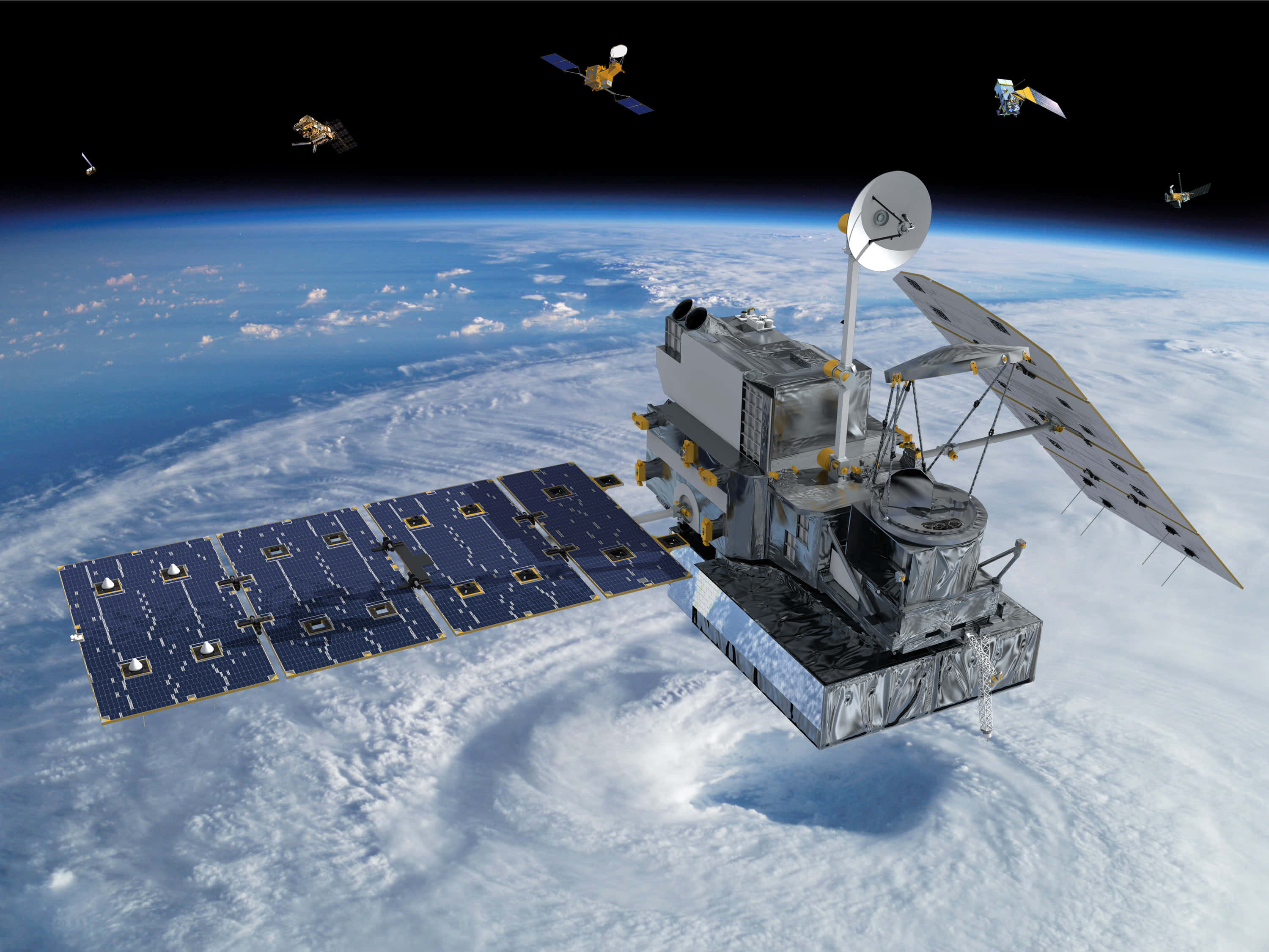 NASA 動態圖片 桌布 壁紙 — 一個詳細的衛星帶有太陽能板環繞地球運行，在旋轉的雲層和海洋上方收集數據。