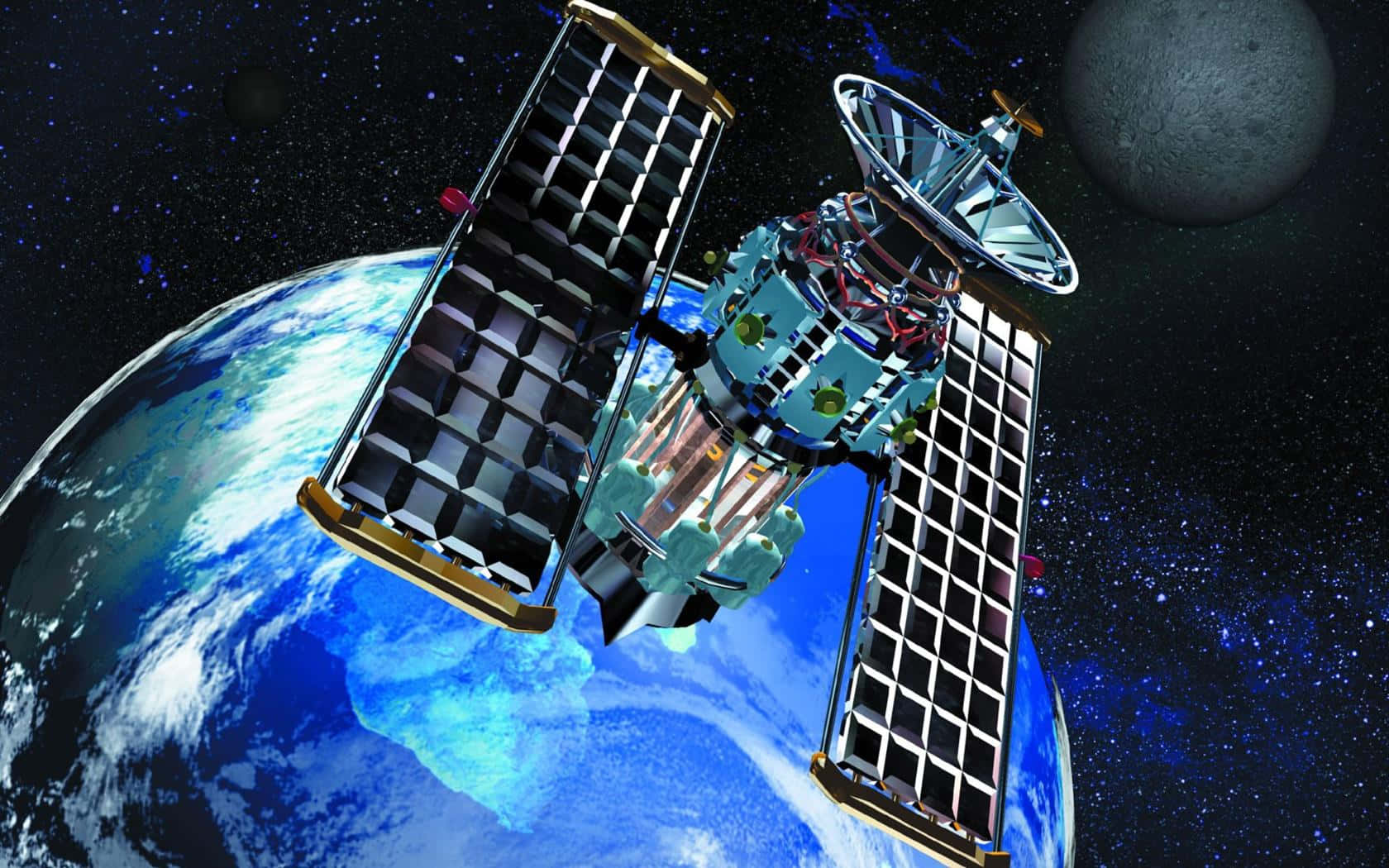 Satellite 桌布 壁紙 — 一個詳細的衛星帶有太陽能電池板，在繁星點點的太空背景下繞地球運行，並可見月球。