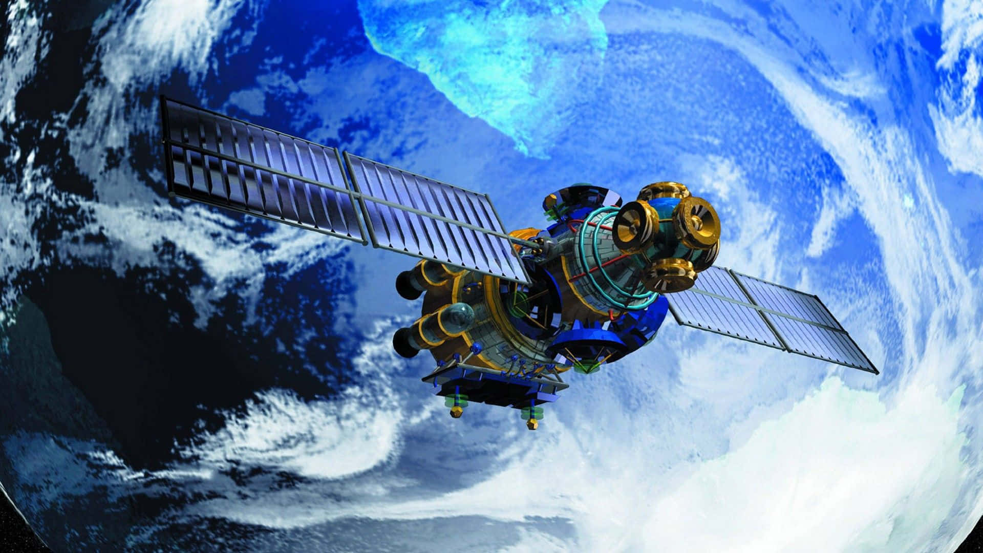 Satellite 桌布 壁紙 — 一個詳細的衛星帶有太陽能電池板繞地球運行，顯示旋轉的藍色海洋和白色雲層。