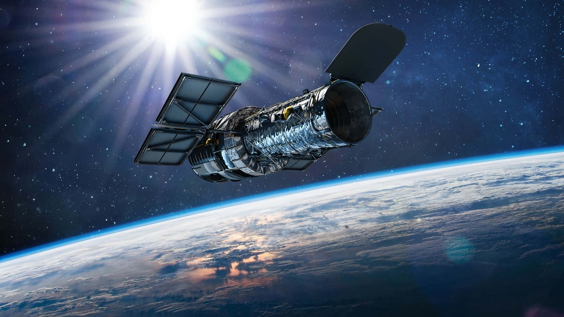 Black Hole Hubble Telescope 桌布 壁紙 — 一個詳細的衛星繞地球運行，太陽在繁星點點的天空和下面的藍色行星上方明亮地照耀。
