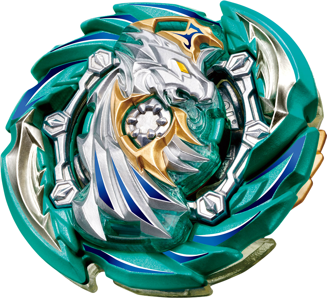 Beyblade 桌布 壁紙 — 一個詳細的金屬Beyblade，帶有青綠色、銀色和金色的龍頭設計，背景為黑色。