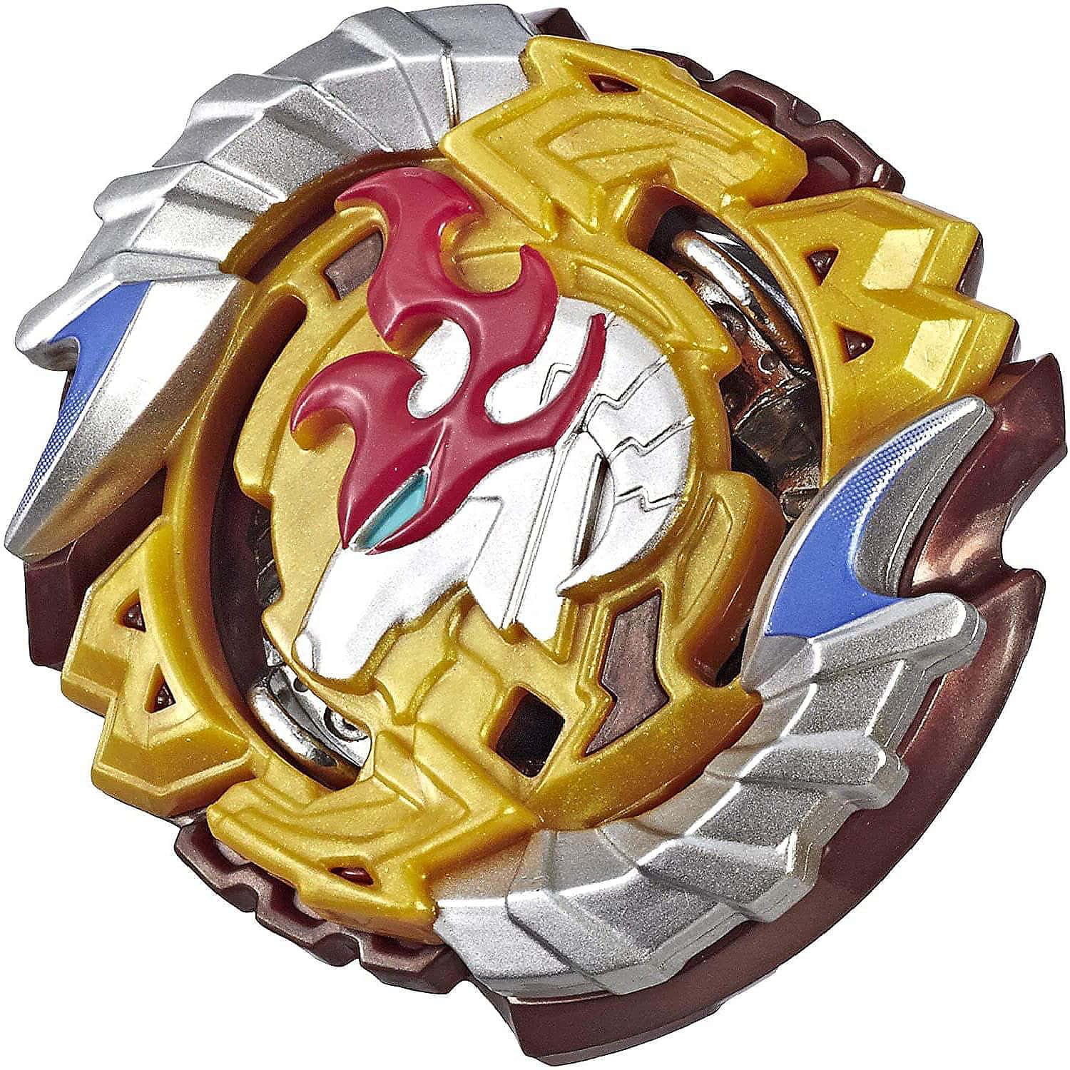 戰鬥陀螺爆裂 桌布 壁紙 — 一個詳細的金屬Beyblade，帶有金、銀和紅色火焰設計，背景為白色。