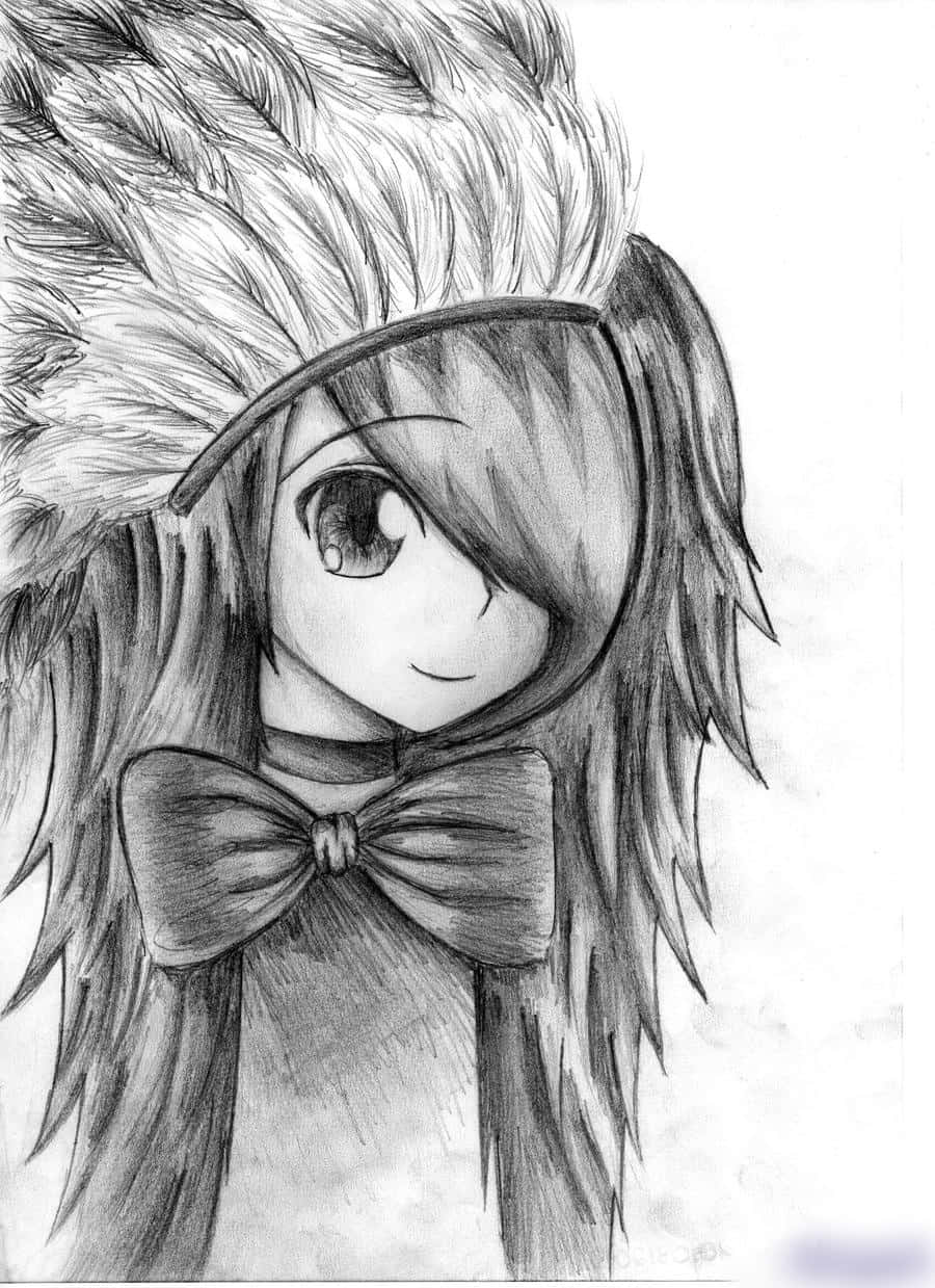 動漫繪圖 桌布 壁紙 — 一個詳細的鉛筆素描，描繪一位長髮動漫女孩，戴著羽毛頭飾和蝴蝶結。