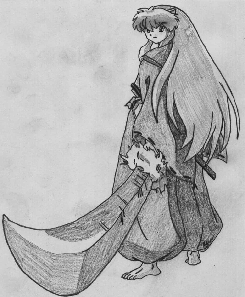 Inuyasha And Tessaiga 桌布 壁紙 — 一個詳細的鉛筆素描，描繪一位長髮動漫女孩，身穿飄逸長袍，帶有毛茸茸的尾巴，赤腳站立。