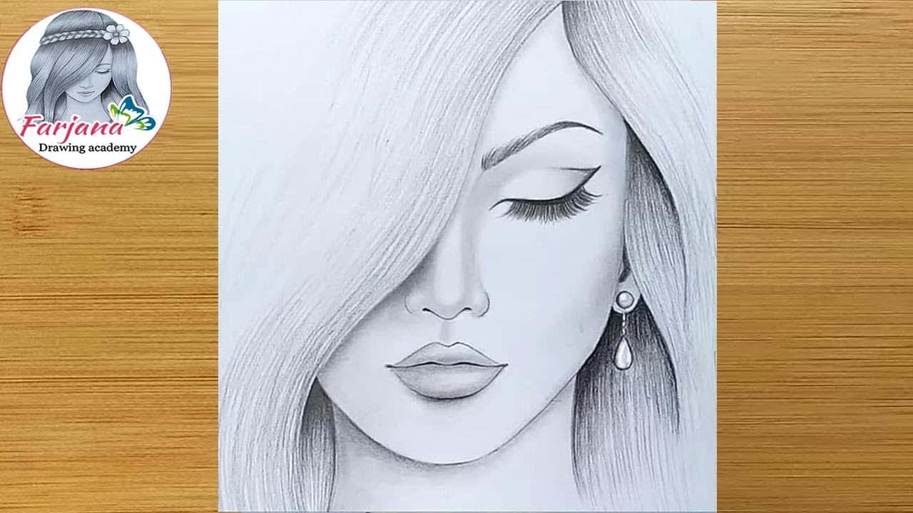 sketch 桌布 壁紙 — 一個詳細的鉛筆素描，描繪一位閉著眼睛、頭髮飄逸的寧靜女性，放在木質表面上。
