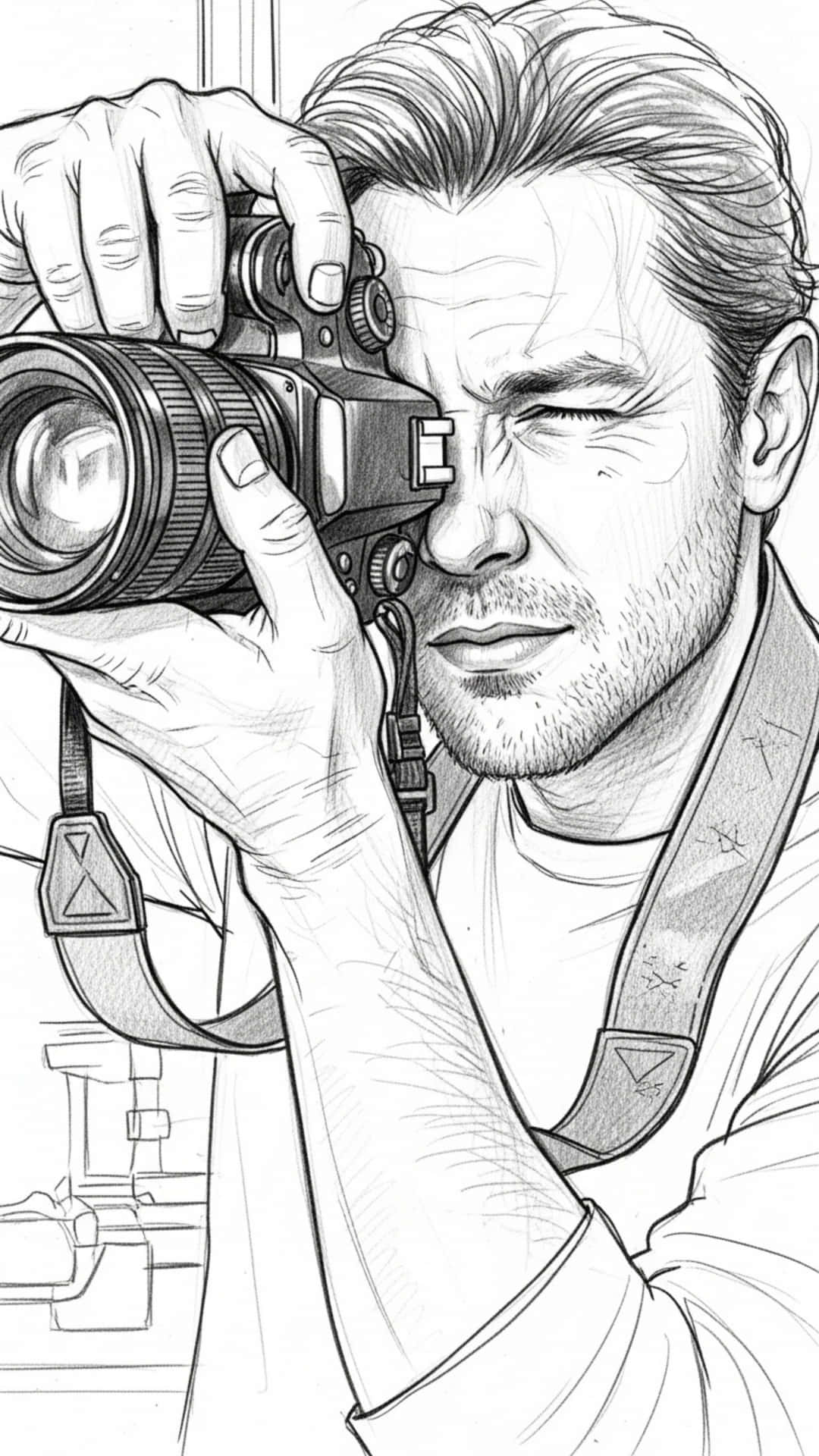 Camera Sketch with Vintage Lens and Leather Strap 壁紙 — 一個詳細的鉛筆素描，描繪一個男人將相機貼近眼睛，以強烈的專注捕捉瞬間。