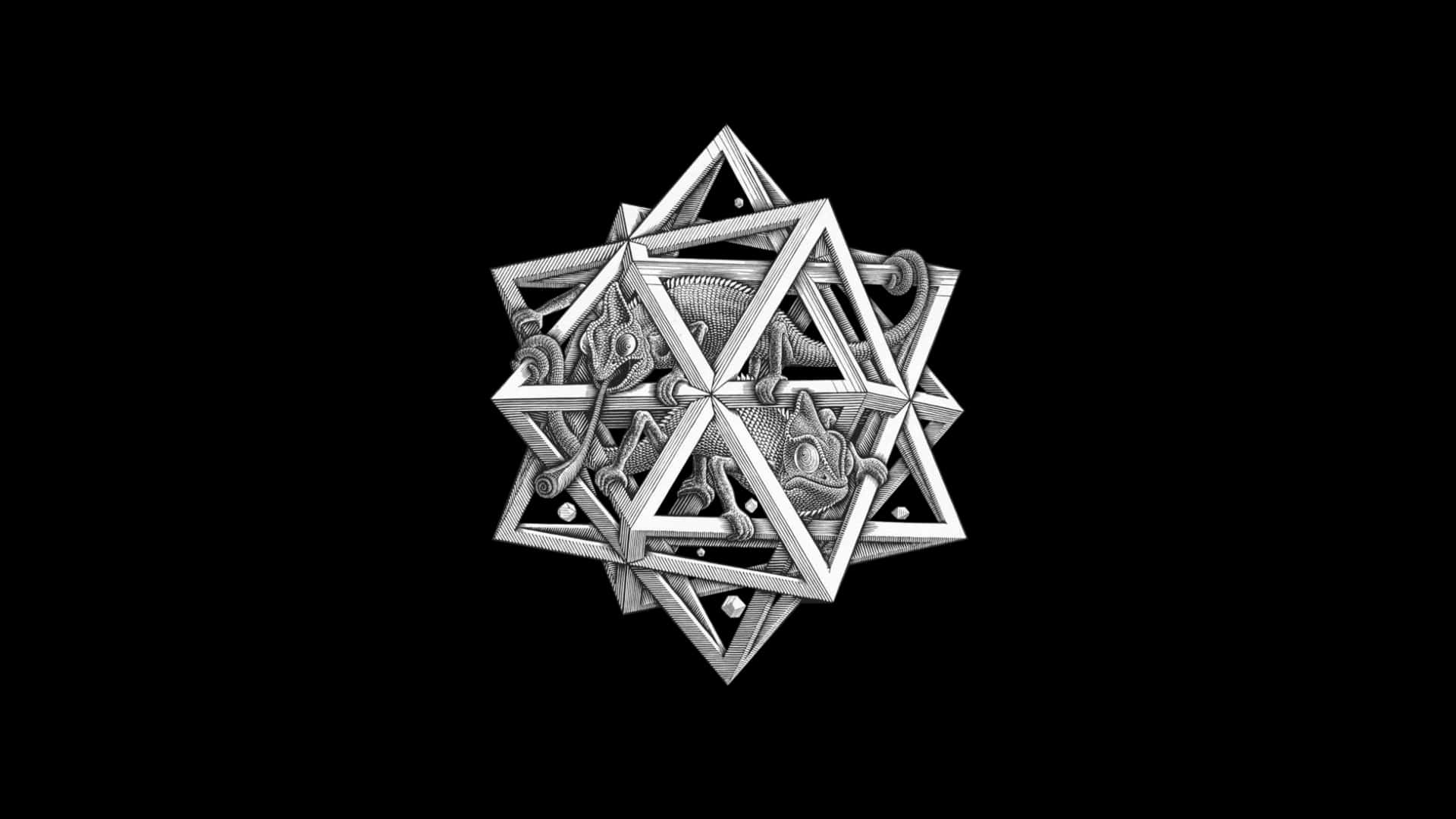 escher 桌布 壁紙 — 一個詳細的銀色幾何星星，變色龍錯綜複雜地編織在其相交的三角形內，背景為黑色。