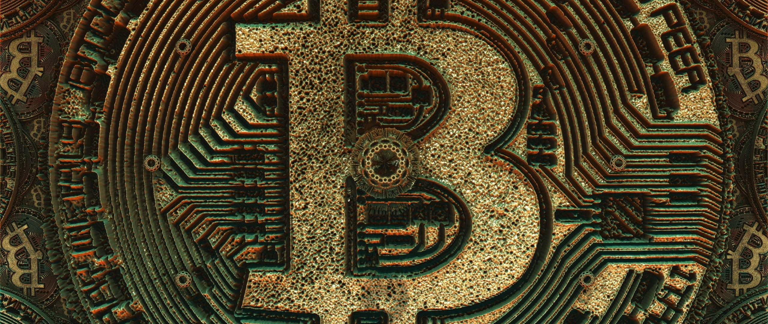 比特幣 桌布 壁紙 — 一個詳細的電路板設計，複雜地塑造為比特幣符號，帶有金屬質感和發光的電路線。