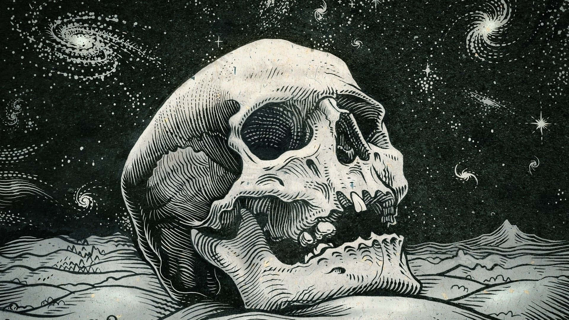 Art Drawing 桌布 壁紙 — 一個詳細的頭骨躺在荒蕪的景觀上，上方是佈滿漩渦星系的星空宇宙。