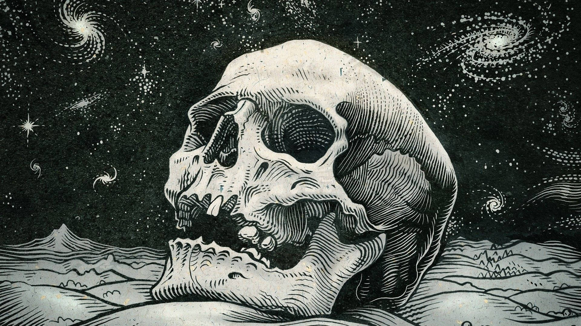 骷髏動圖 桌布 壁紙 — 一個詳細的頭骨躺在荒蕪的景觀上，星空下充滿了旋轉的星系和彗星。
