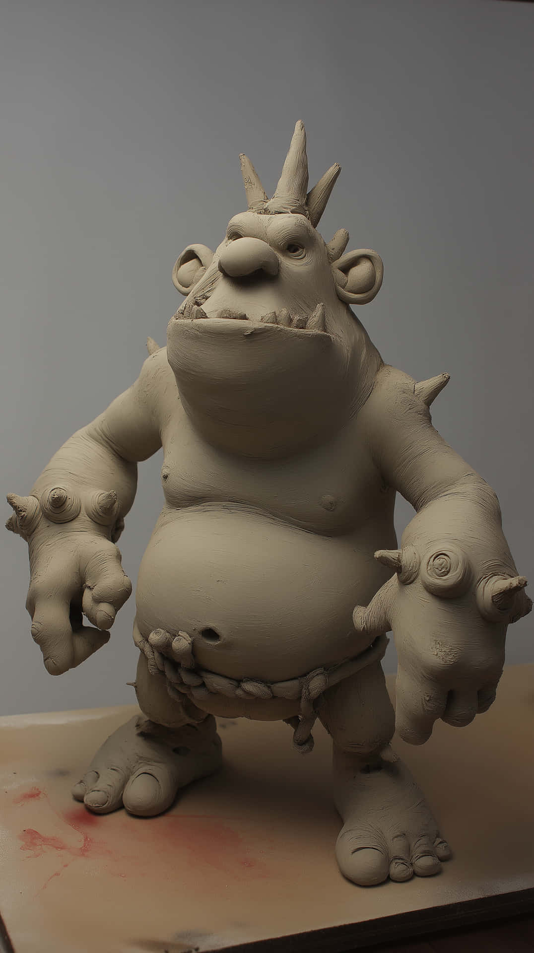 Clay monster sculpture 壁紙 — 一個詳細的黏土雕塑，描繪一個粗壯、有角、手臂帶刺、腰纏繩帶的怪物，站在工作台上。
