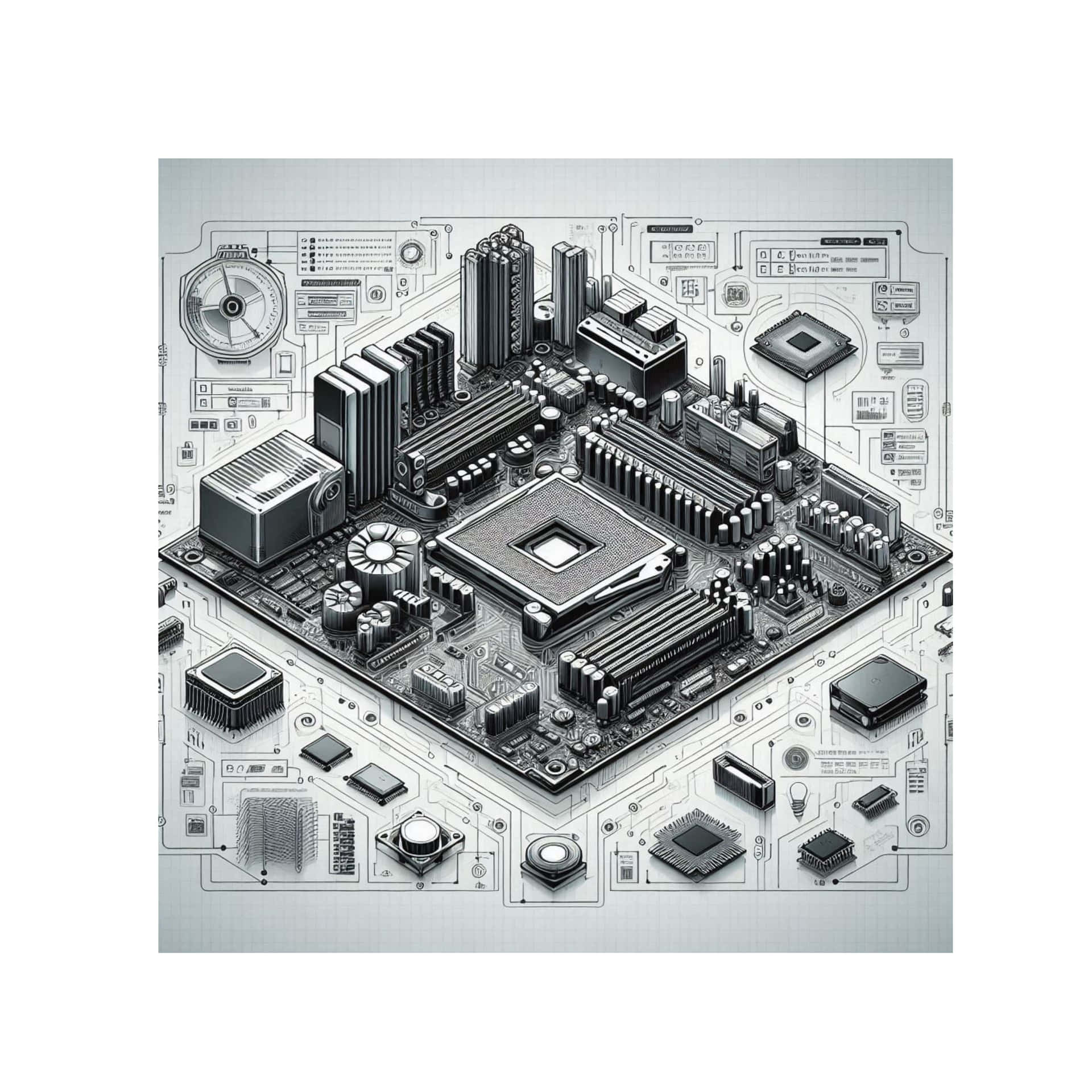 A computer motherboard is shown with a variety of components, including a CPU 壁紙 — 一個詳細的黑白插圖，展示電腦主機板，周圍環繞著電路原理圖和電子元件。
