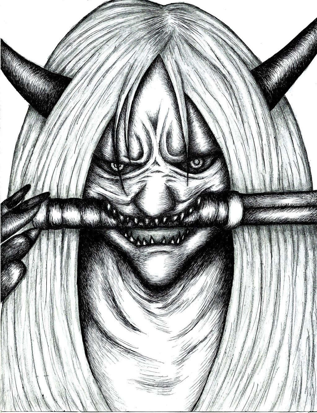 Reaper Death Seal 桌布 壁紙 — 一個詳細的黑白插圖，描繪一個帶有長髮、角，並將帶刺棍棒水平橫在嘴前的威脅性惡魔形象。