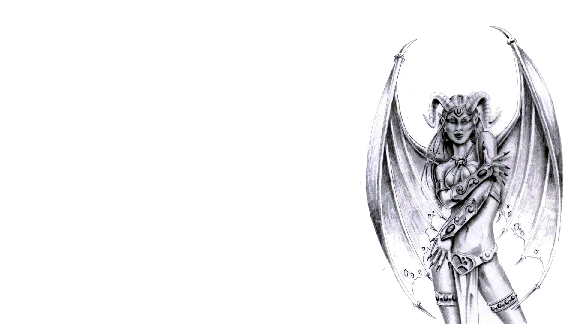 Succubus 桌布 壁紙 — 一個詳細的黑白插圖，描繪一個惡魔般的女性形象，擁有大型蝙蝠狀翅膀和角，站在純白色背景前。