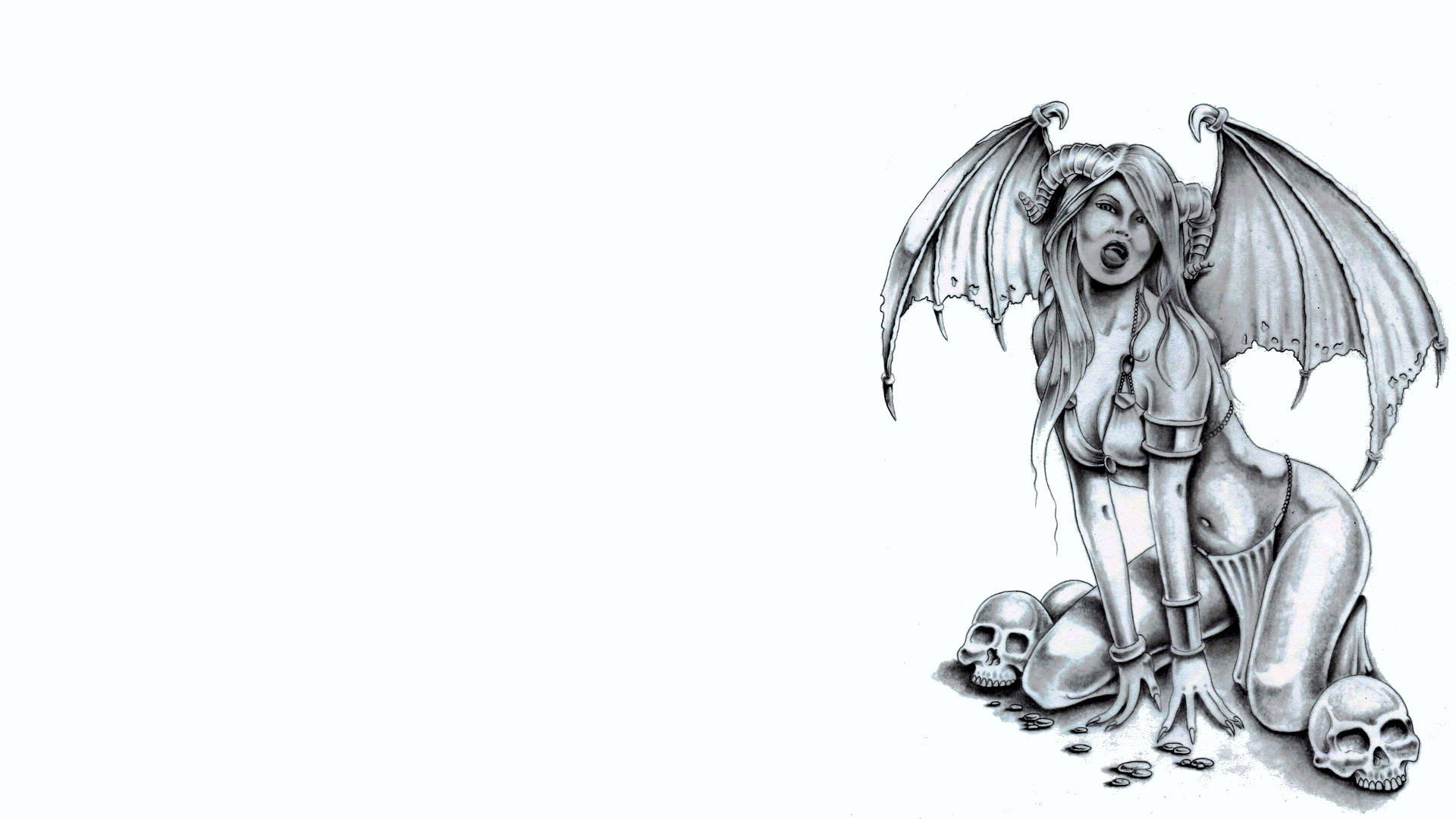 Succubus 桌布 壁紙 — 一個詳細的黑白插圖，描繪一個有蝙蝠般翅膀和角的惡魔女性跪在頭骨旁邊。