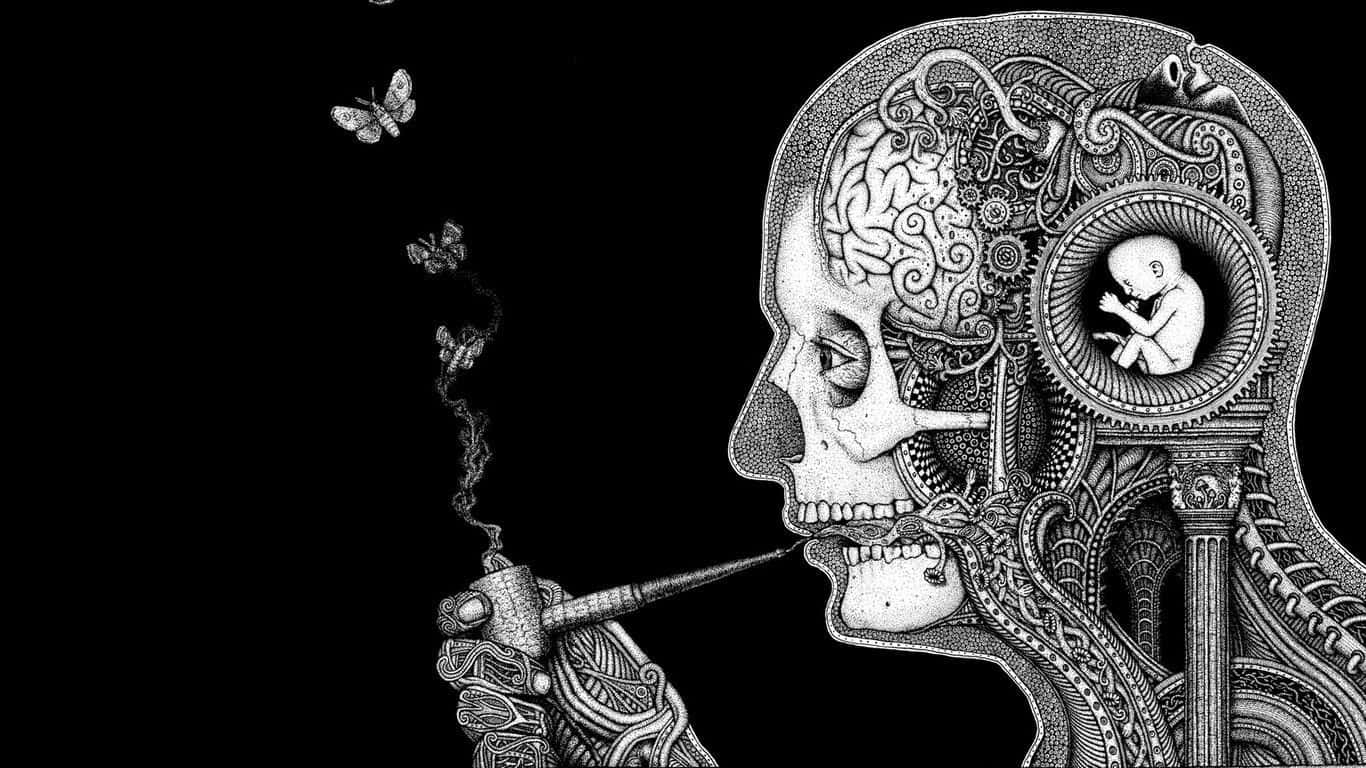 Dark Surrealism 桌布 壁紙 — 一個詳細的黑白插圖，描繪一個骷髏頭吸煙斗，頭內有複雜的機械齒輪和一個胎兒。